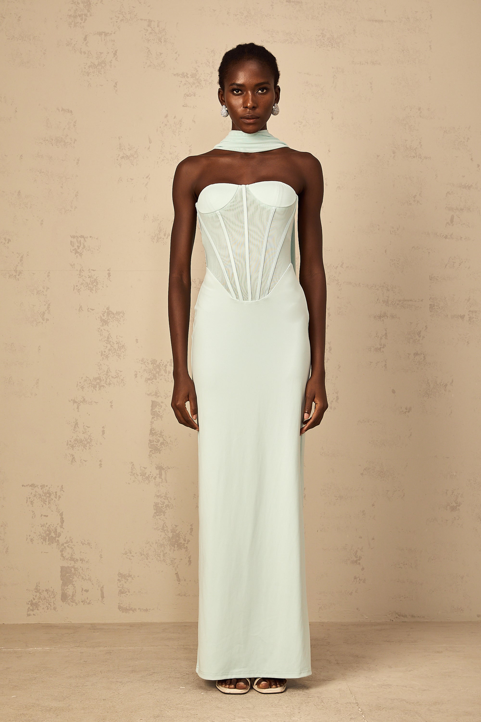 Béryl Tulle Panel Corset Maxi Dress in Mint Green
