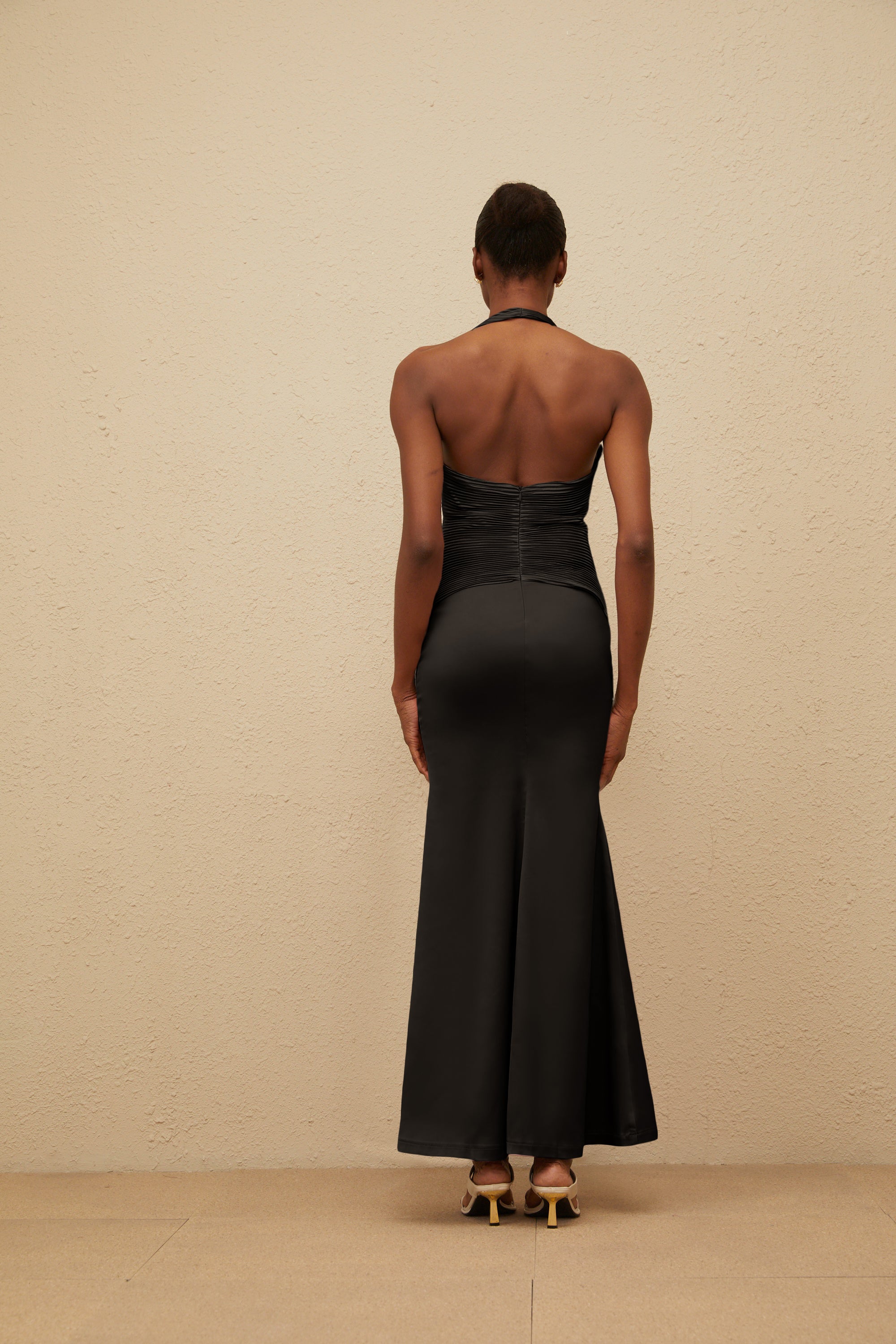 Colette Black Halterneck Ruched Satin Gown