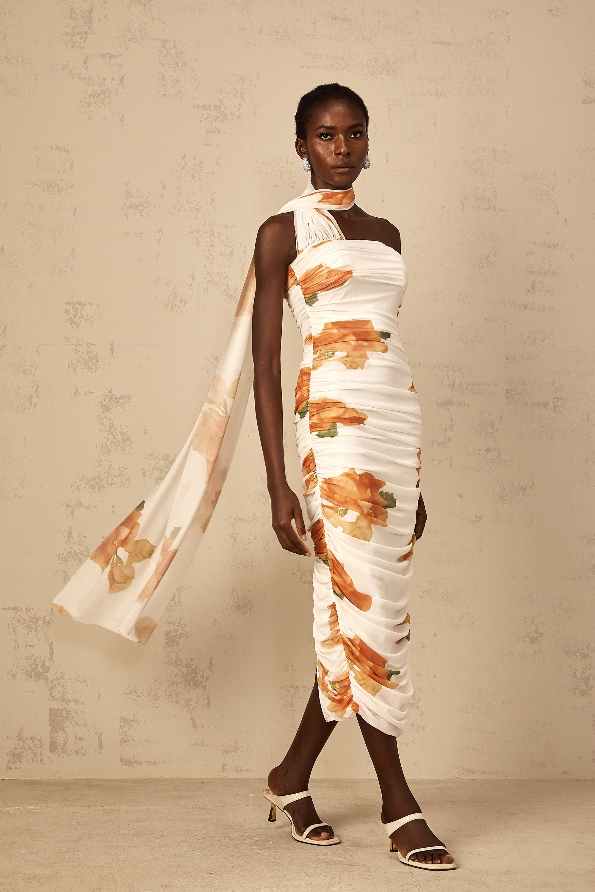 Frida white floral-print ruched tulle midi dress (Final Sale-US Only)