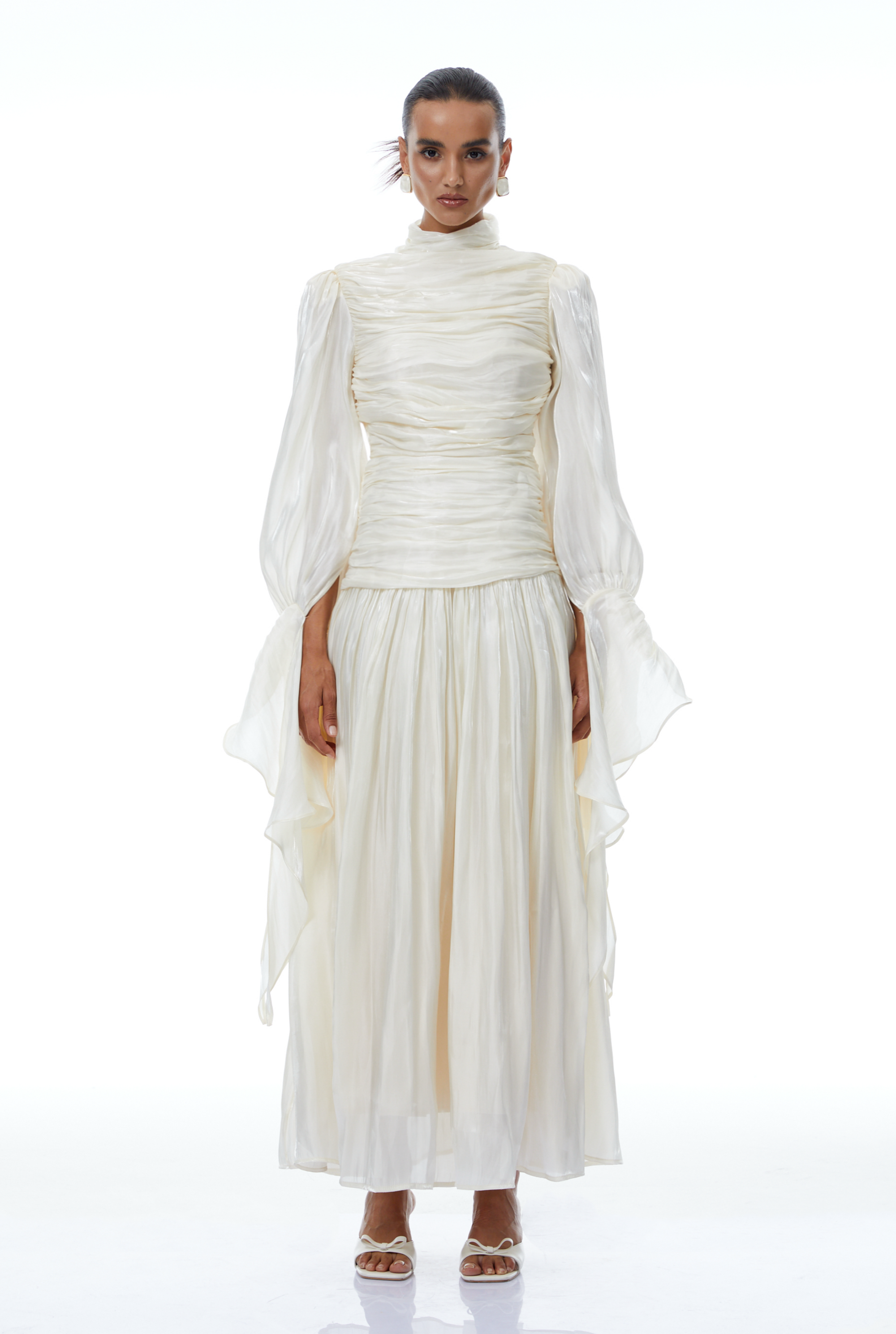 Sarolta Neutral Glossy Ruched Maxi Dress (Final Sale-US Only)