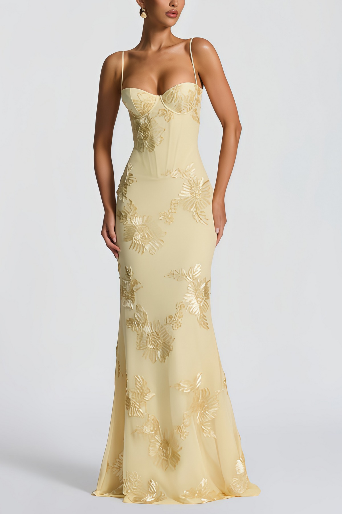Tholine Yellow Floral Jacquard Corset Maxi Dress Tholine Yellow Floral Jacquard Corset Maxi Dress