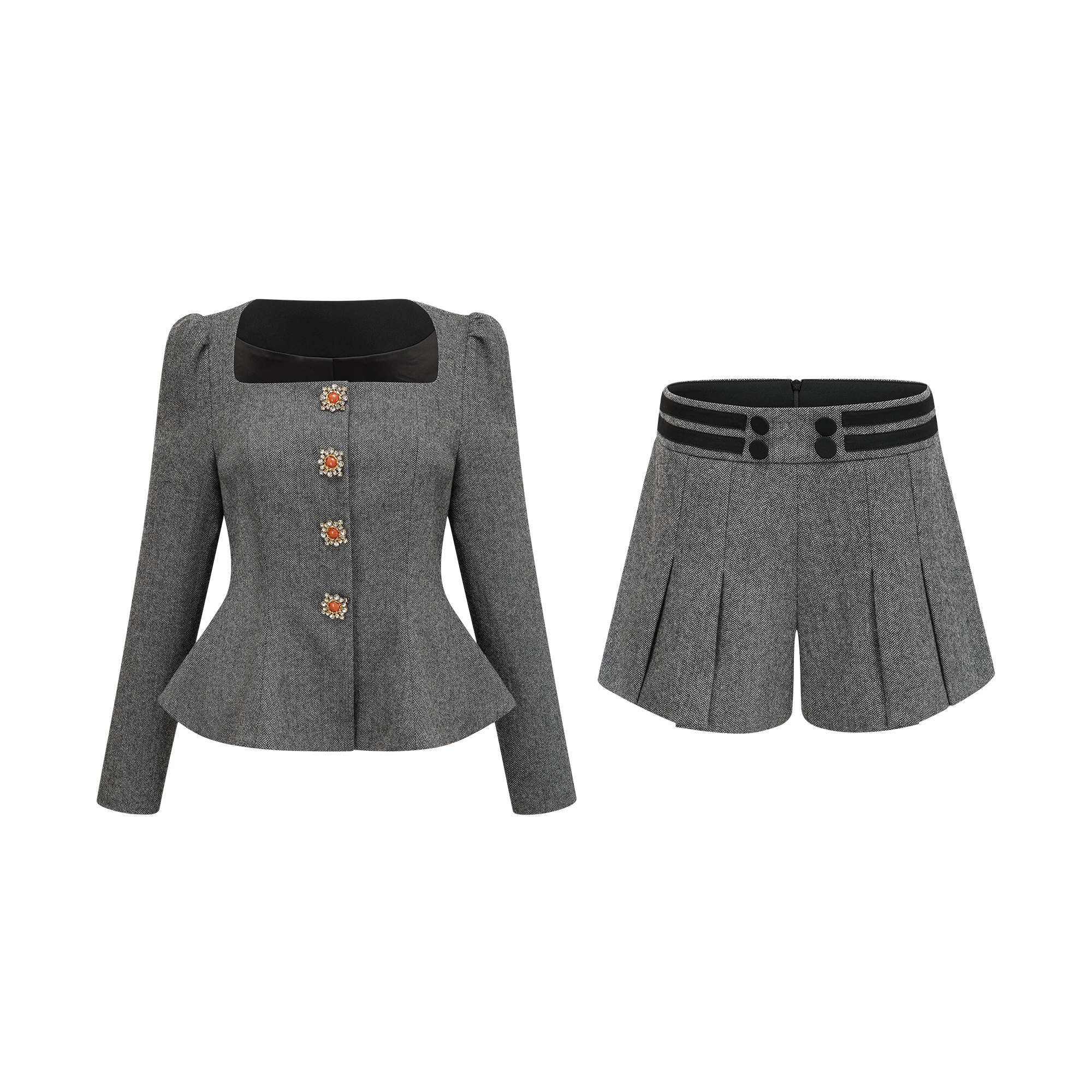 Agathe grey herringbone top & shorts matching set (Final Sale)