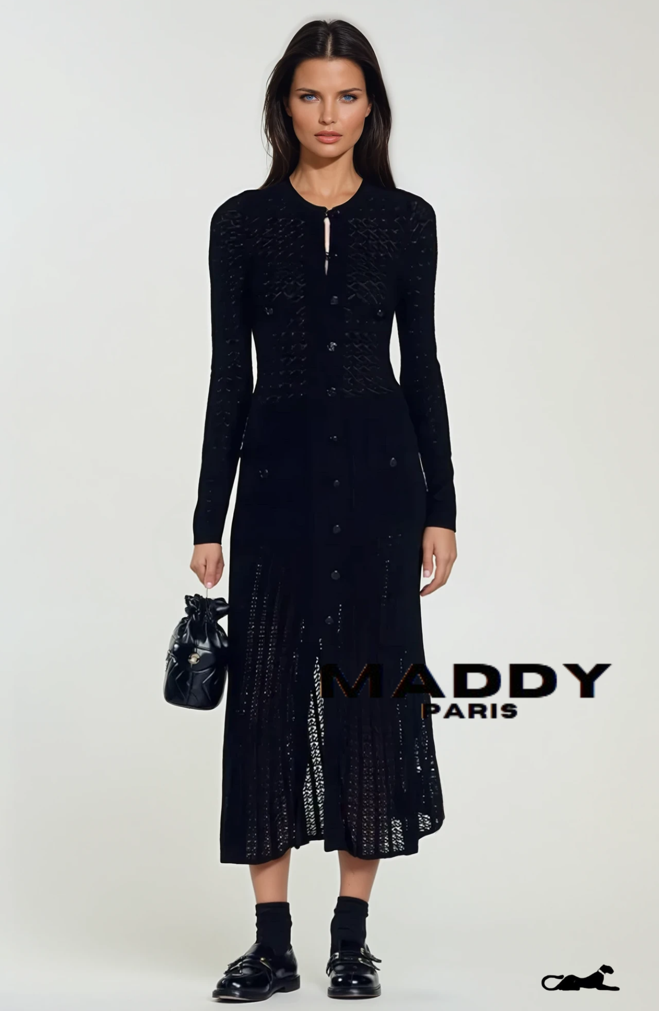 Sandro ALESSIA CROCHET KNIT MIDI /  MAXI DRESS - BLACK