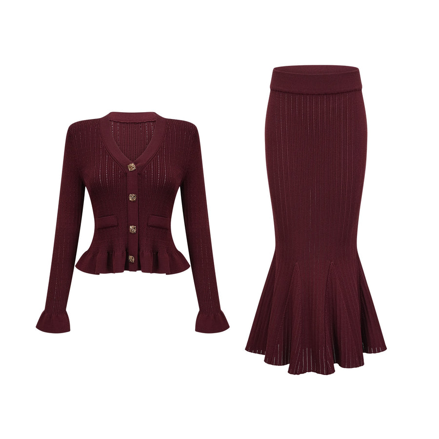 Corrine red ruffled knit top & maxi skirt matching set - Red