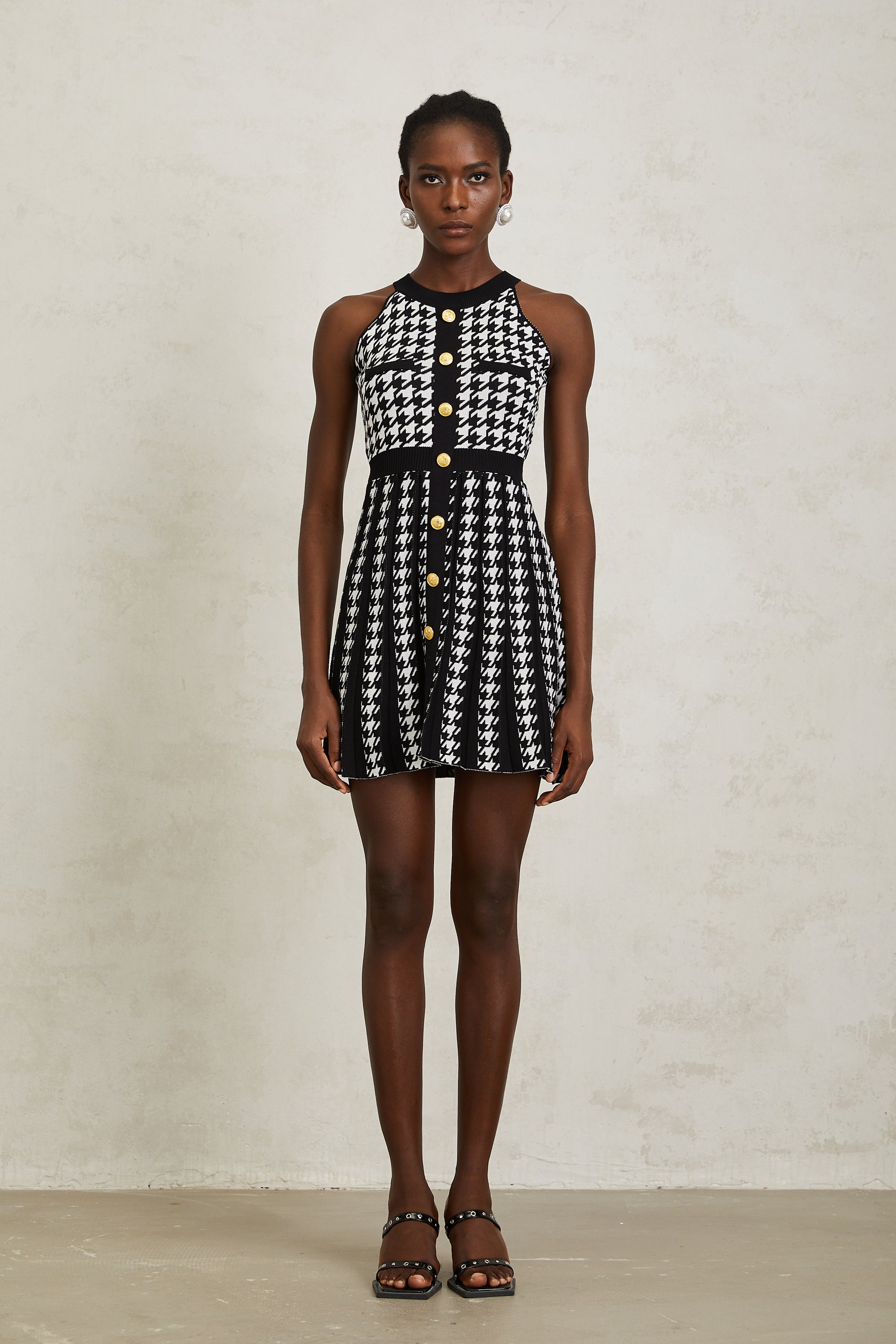 Jacqueline Black Houndstooth Crochet Knit Mini Dress