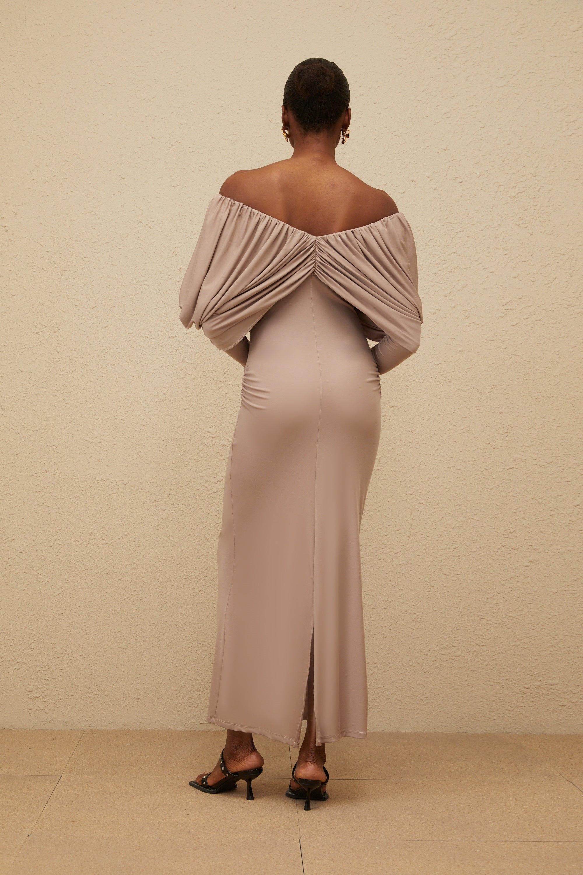 Roxane Grey Ruched Shift Midi Dress