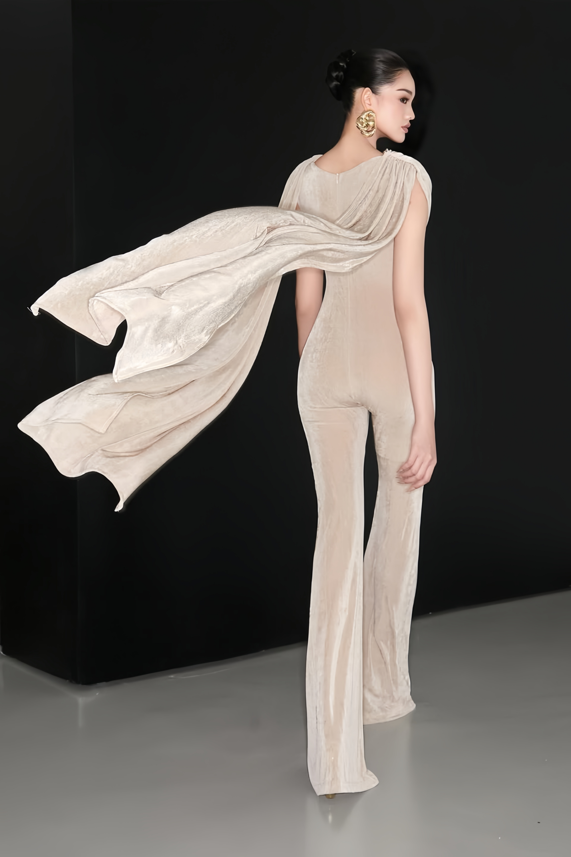 Clarisse Neutral Dropped Design Velvet Jumpsuit
