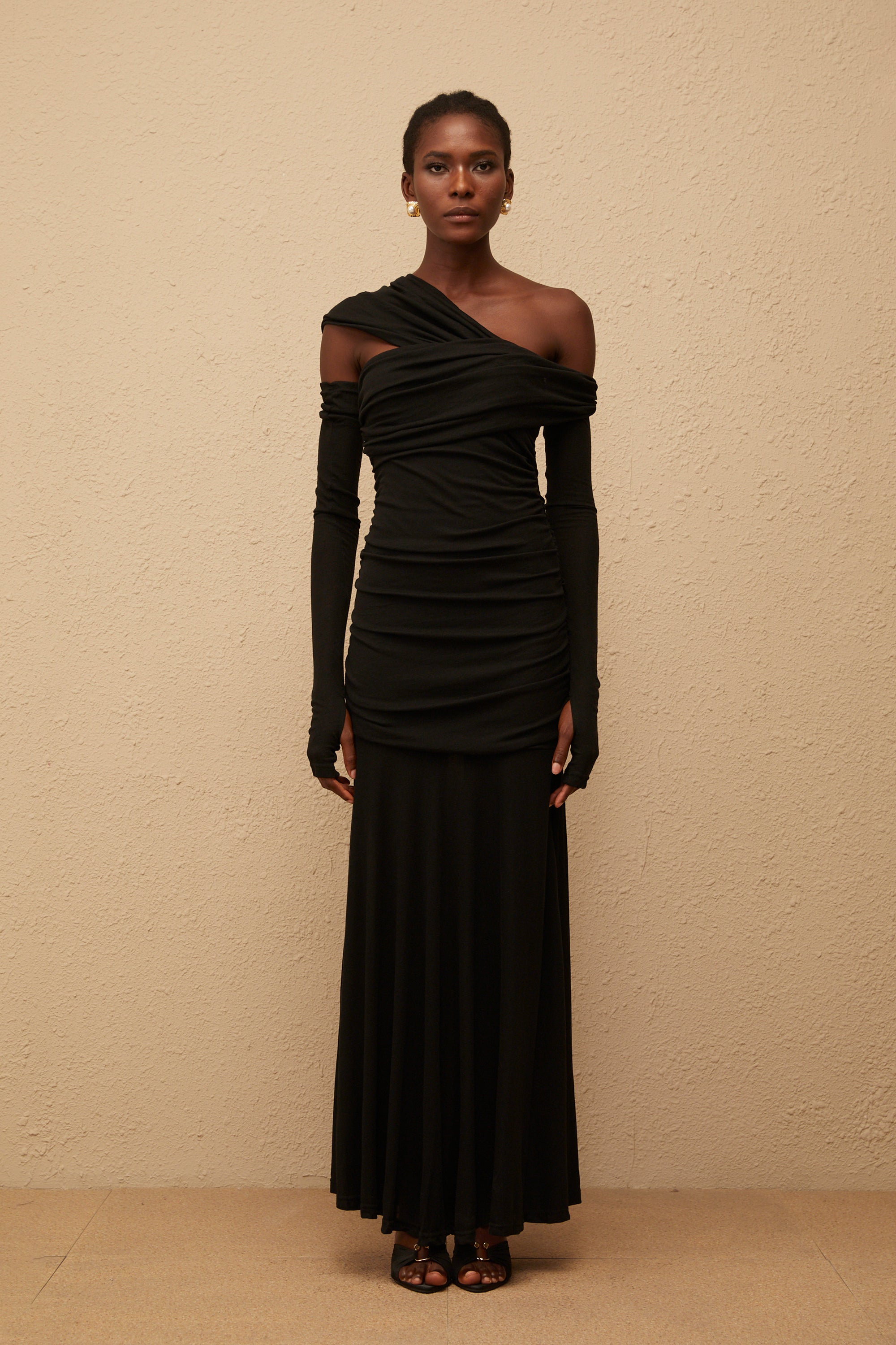 Aava Black Ruched Knit Maxi Dress