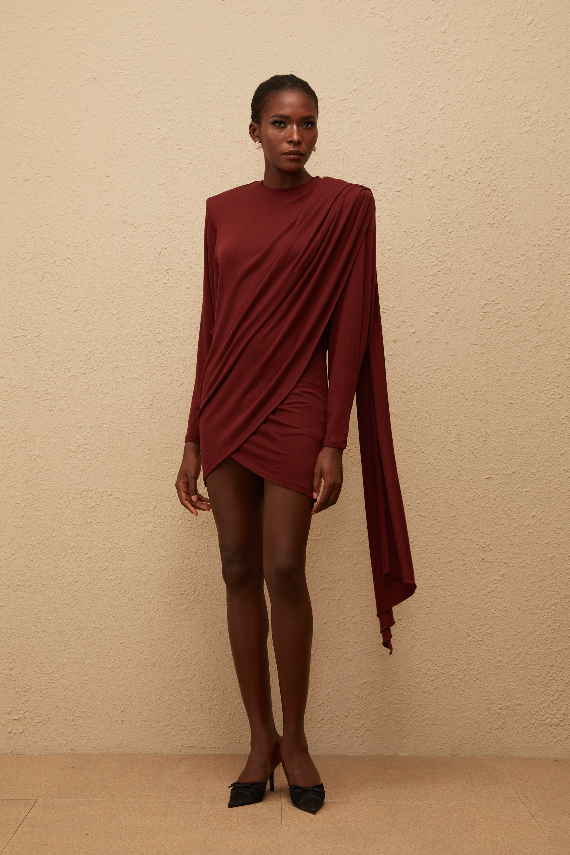 Garance Maroon Asymmetrical Knit Mini Dress (Final Sale-US Only)