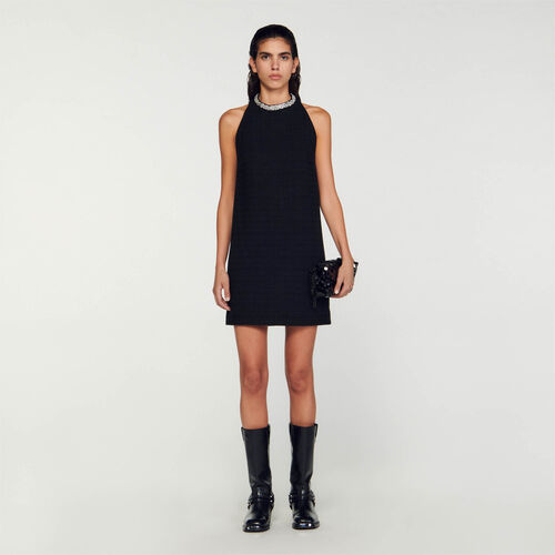 SANDRO  MINI DRESS WITH JEWELLERY CRYSTAL COLLAR - Black