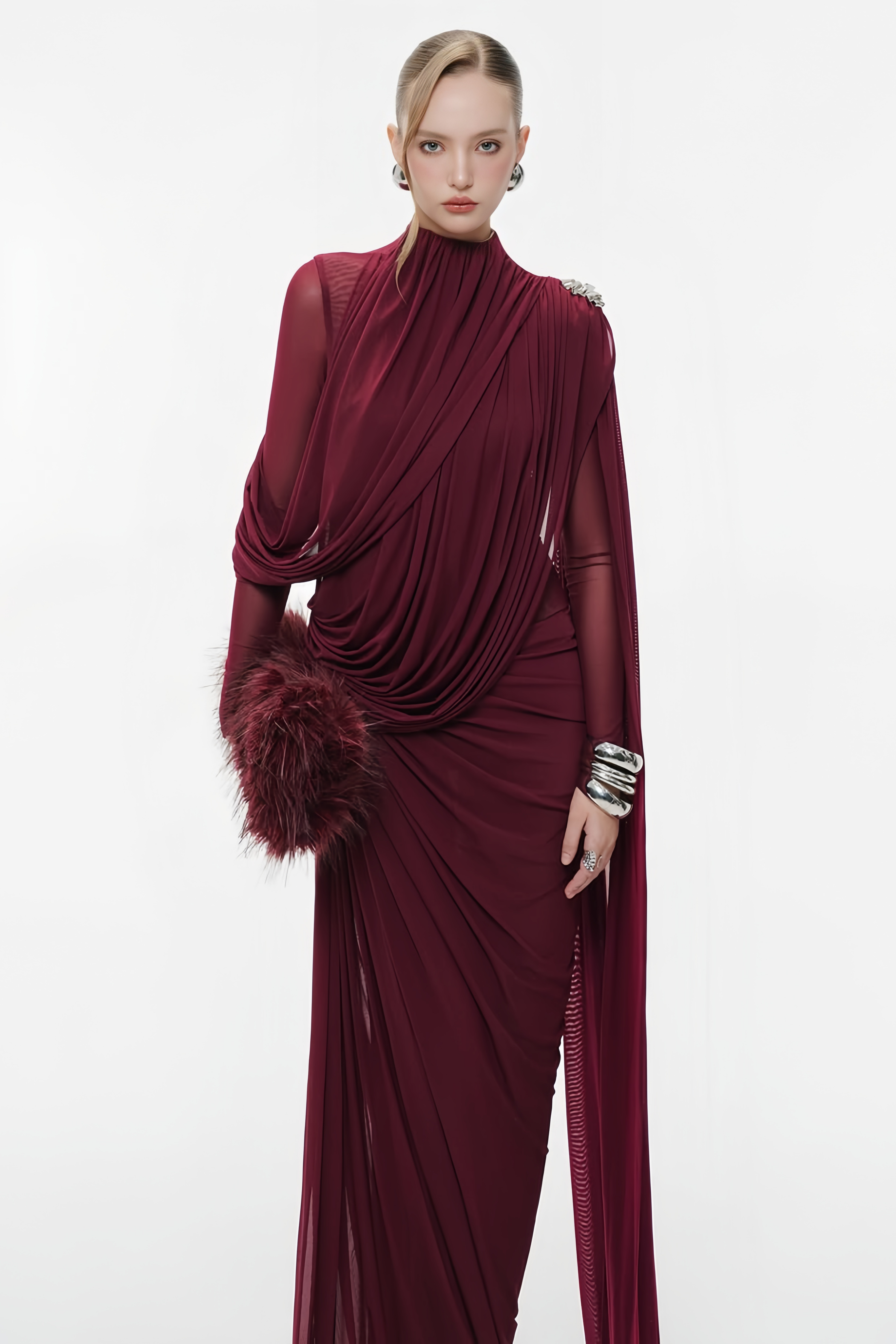 Newton Red Asymmetrical Ribbon Ruched Maxi Dress