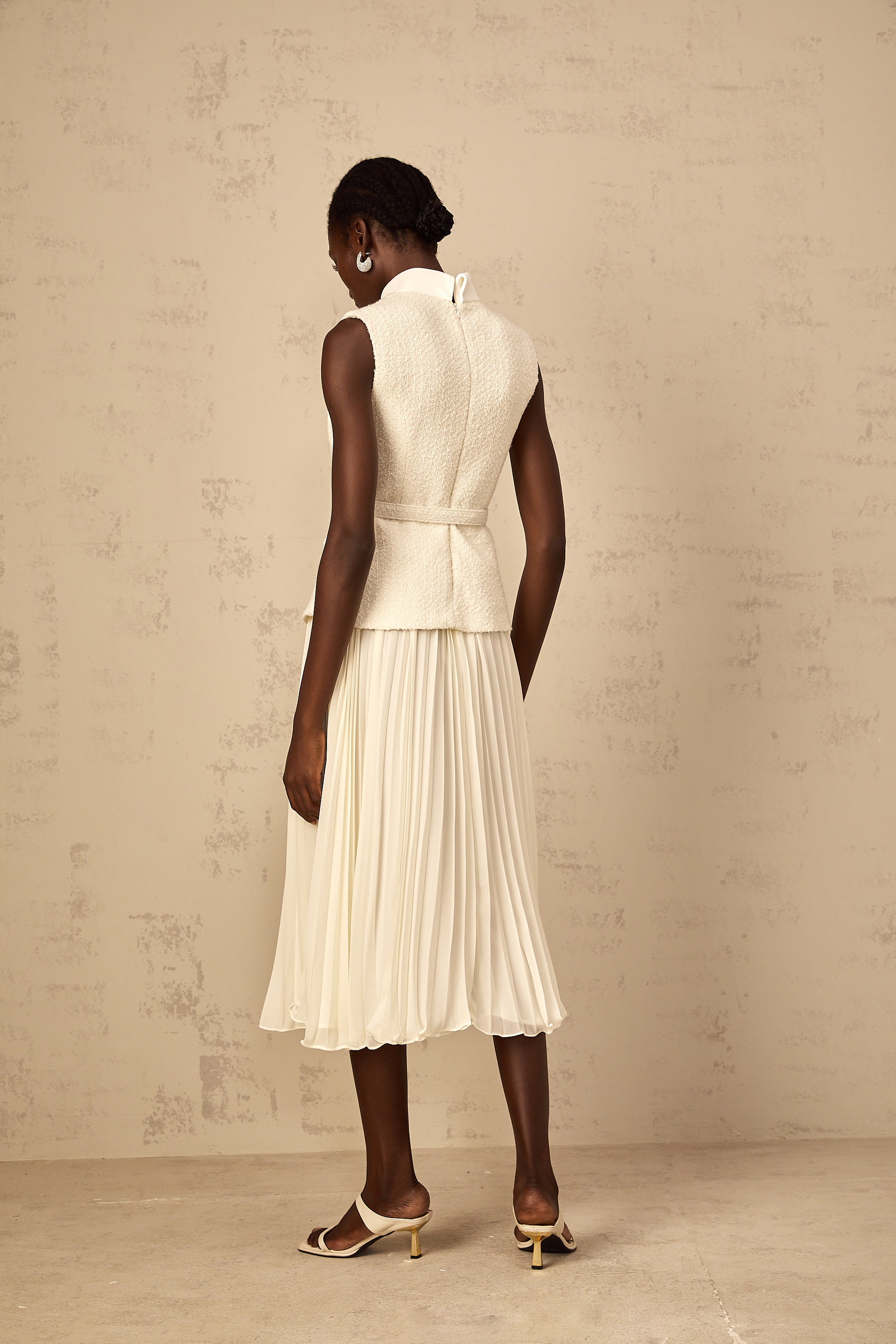Dulcie Off-White Tulle Panel Tweed Midi Dress