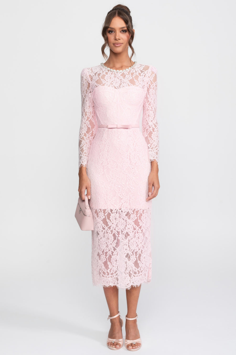 Lace Trim Midi Dress With Crystal Neckline And Matching Belt - Pink