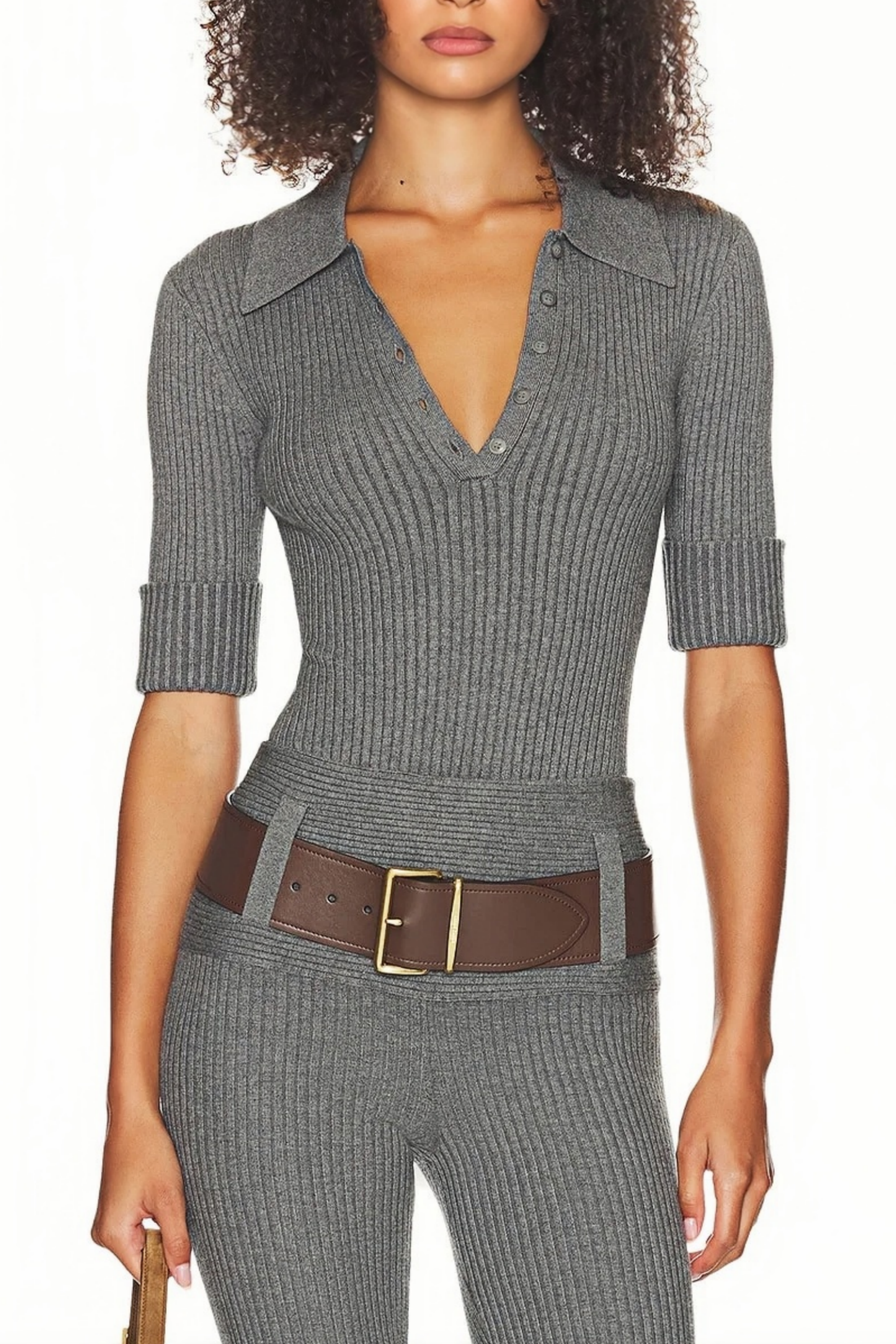 Claire Grey Ribbed Knit Bodysuit & Trousers Set