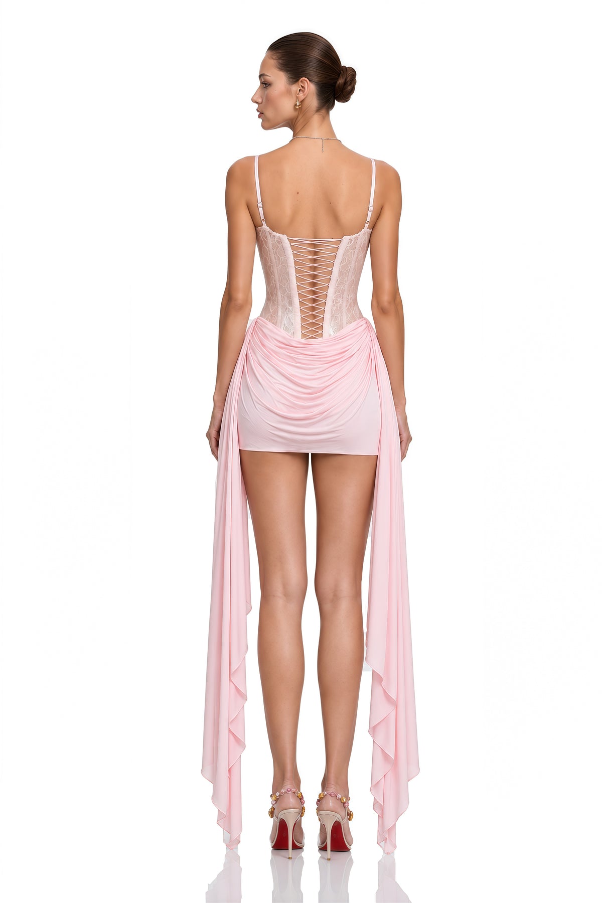 wilhelmina pink ruched mini dress with ribbon detail