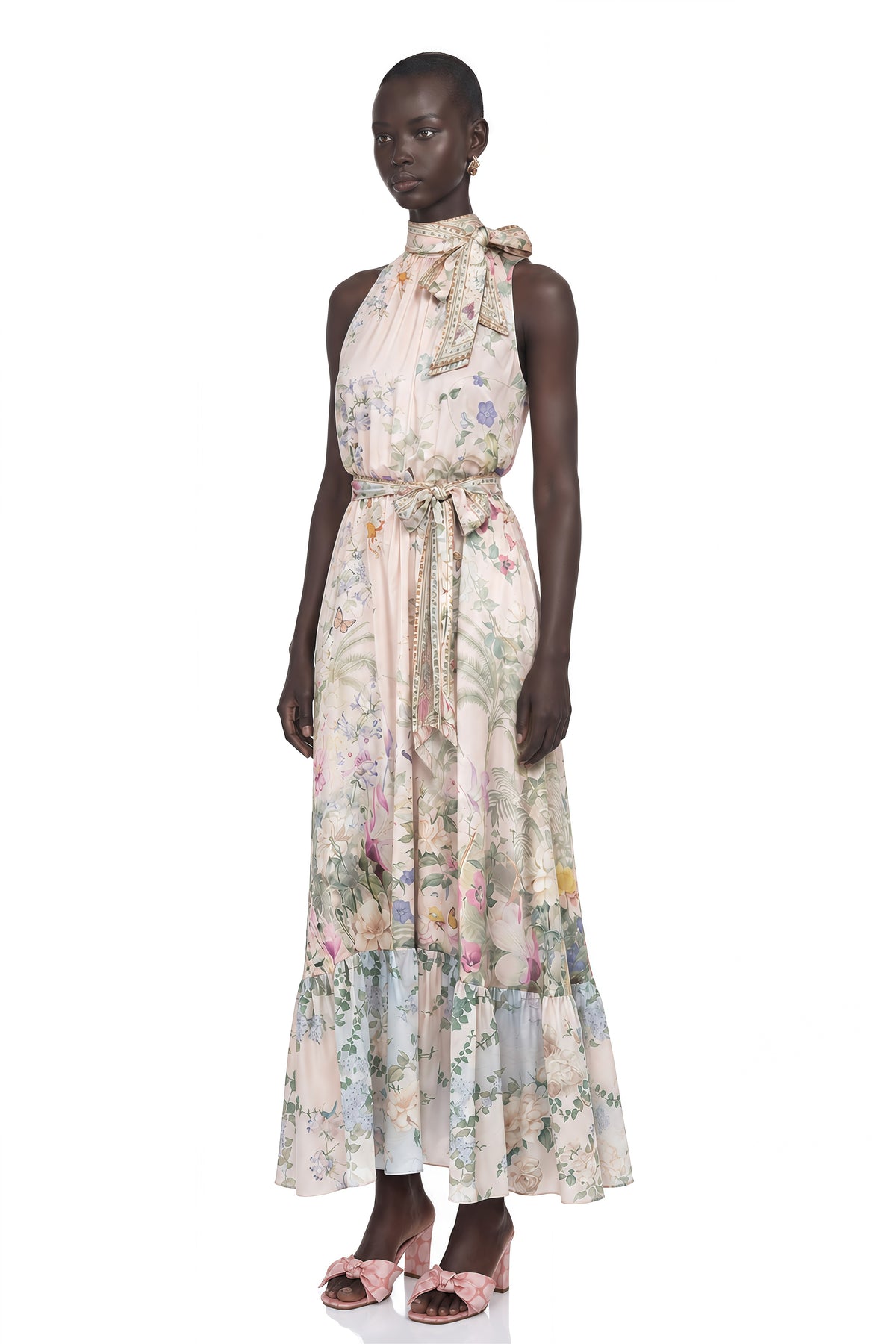madeleine neutral floral print satin maxi dress