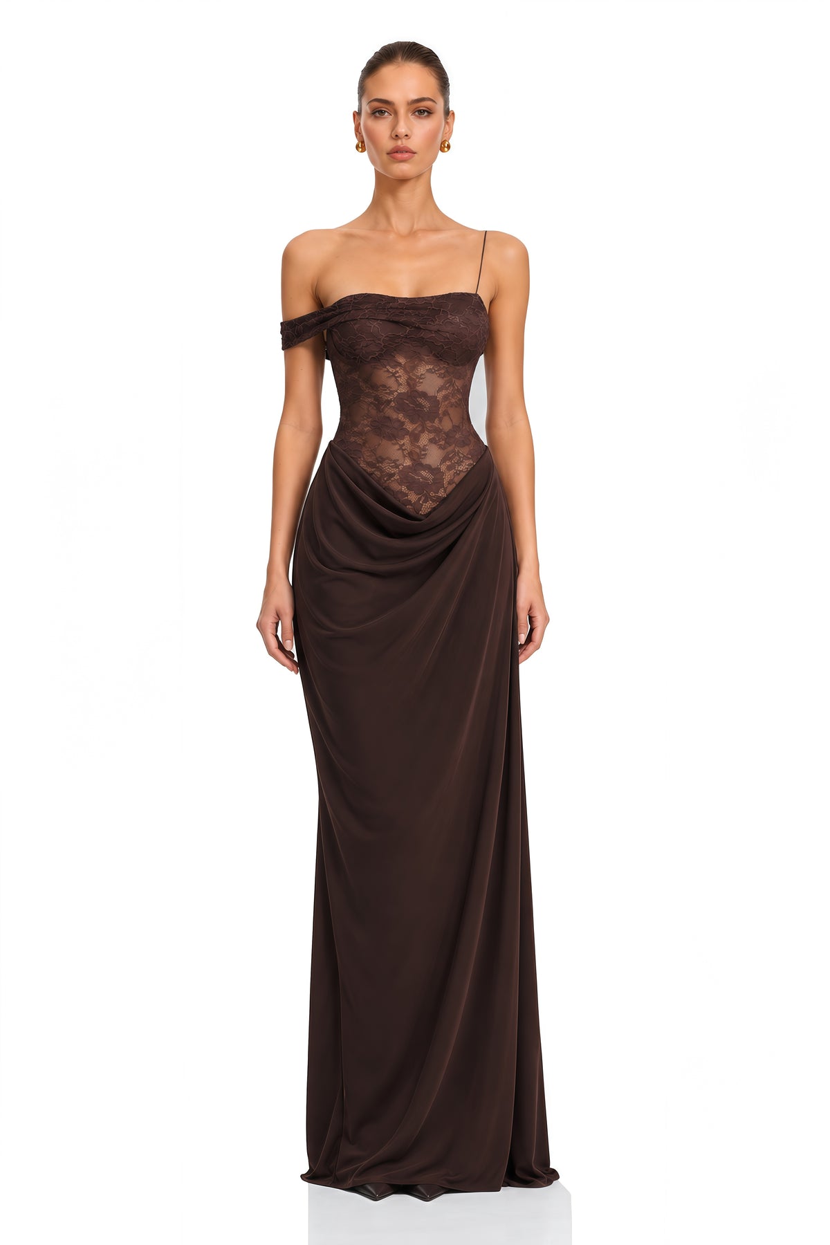 sunniva brown lace panel asymmetrical maxi dress
