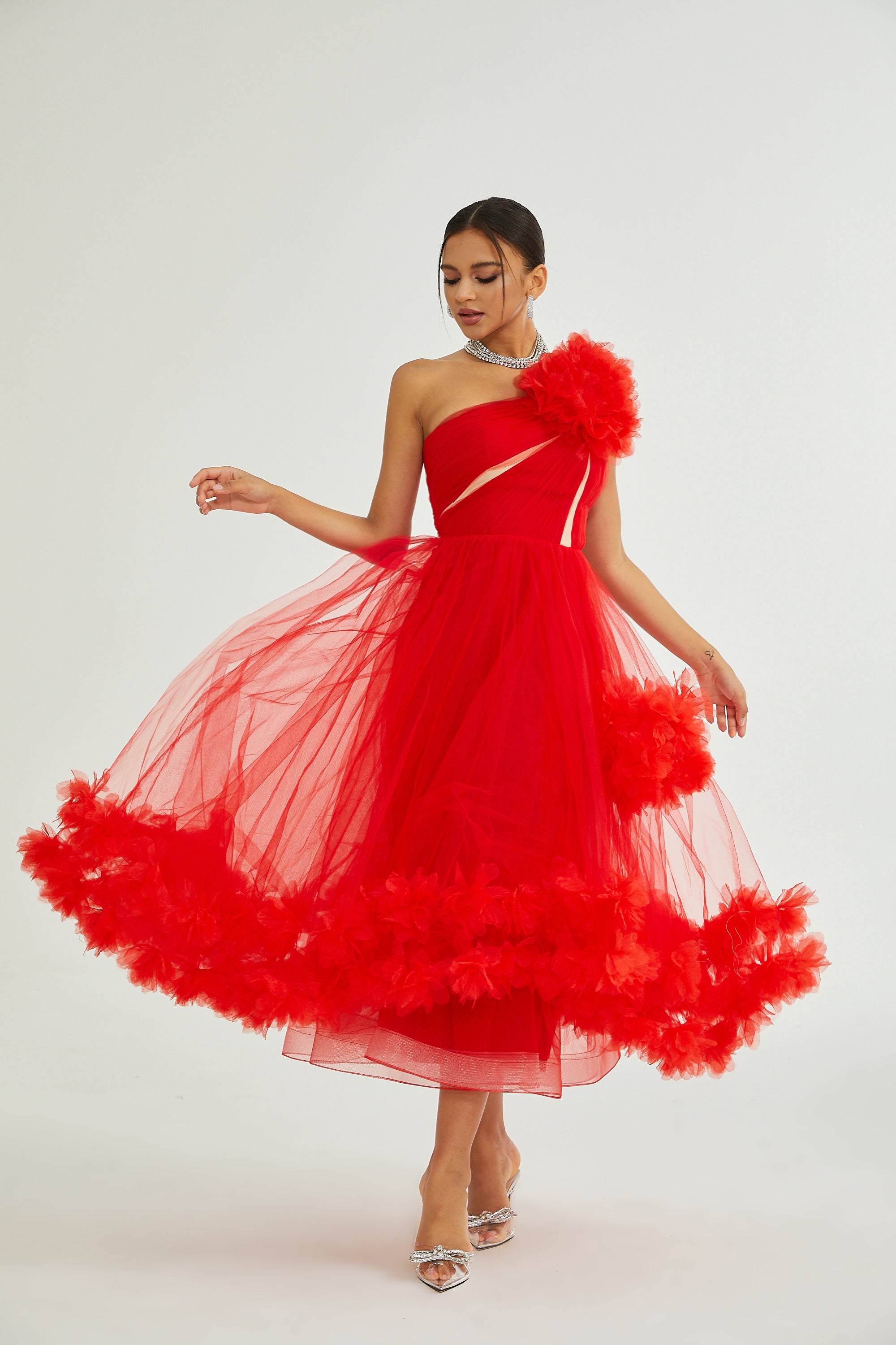 Victoire tulle-panelled midi dress