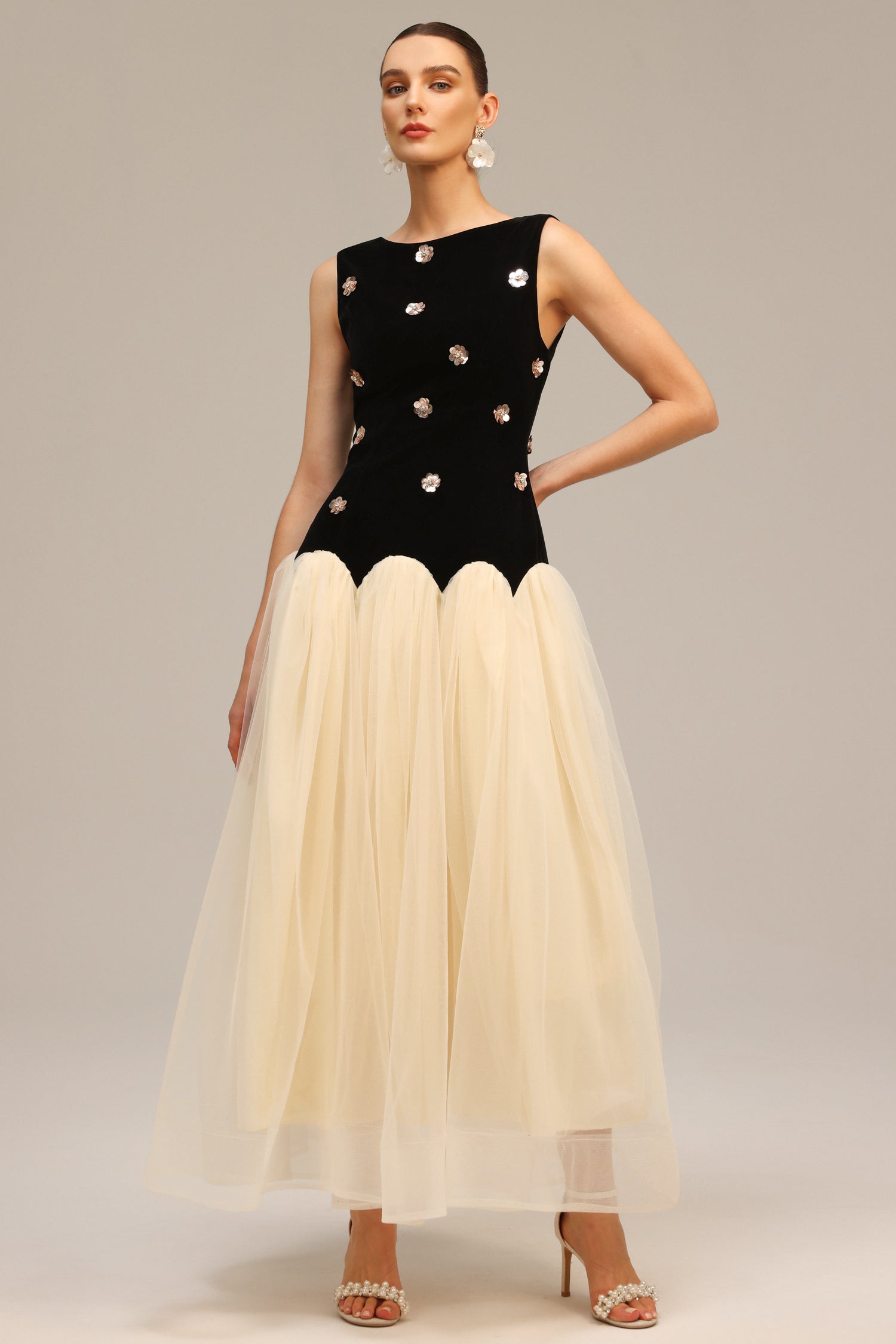 Roto Sleeveless Sequin Flowers Maxi Dress - Size S