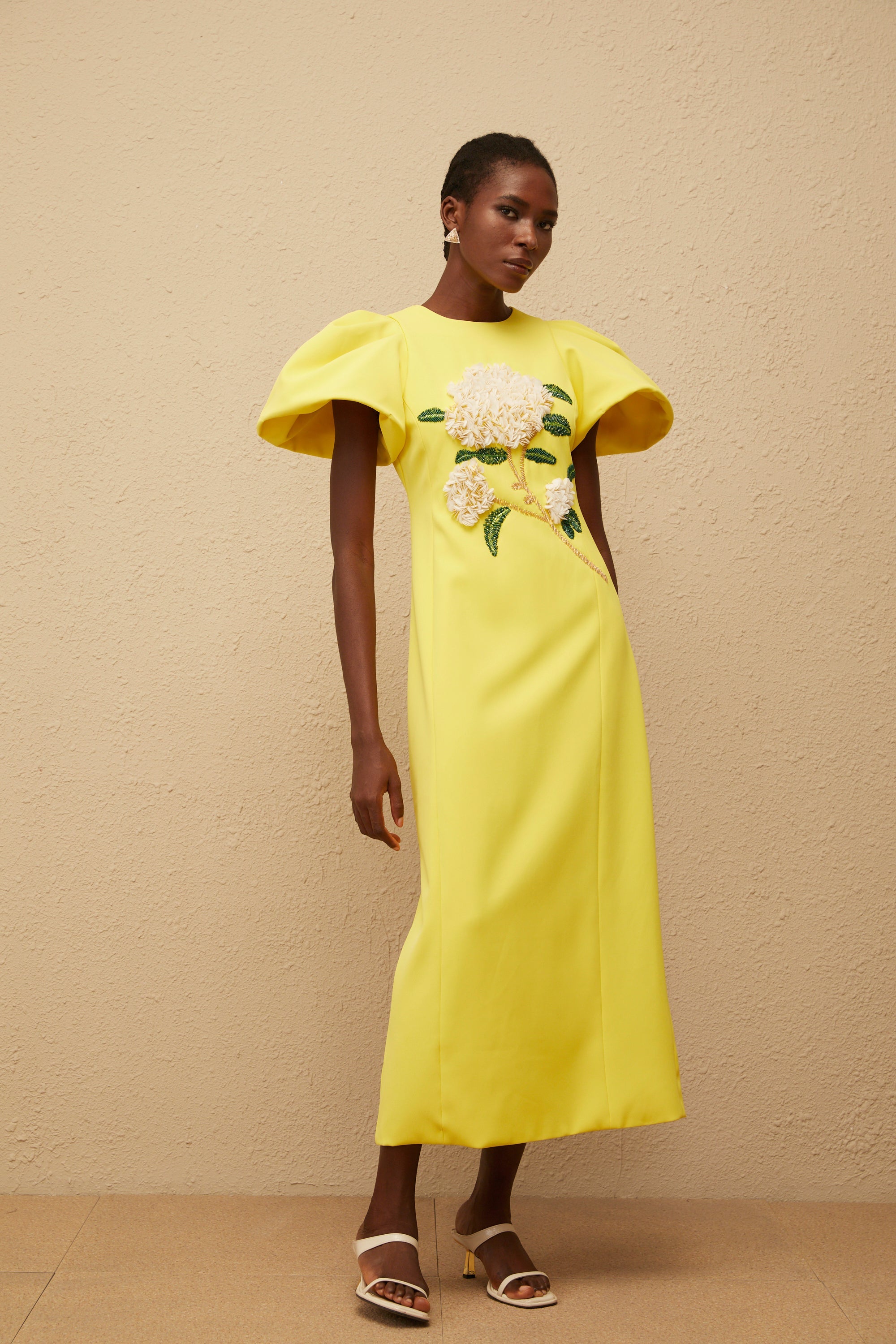 Yrjö Yellow Floral Embroidered Midi Dress