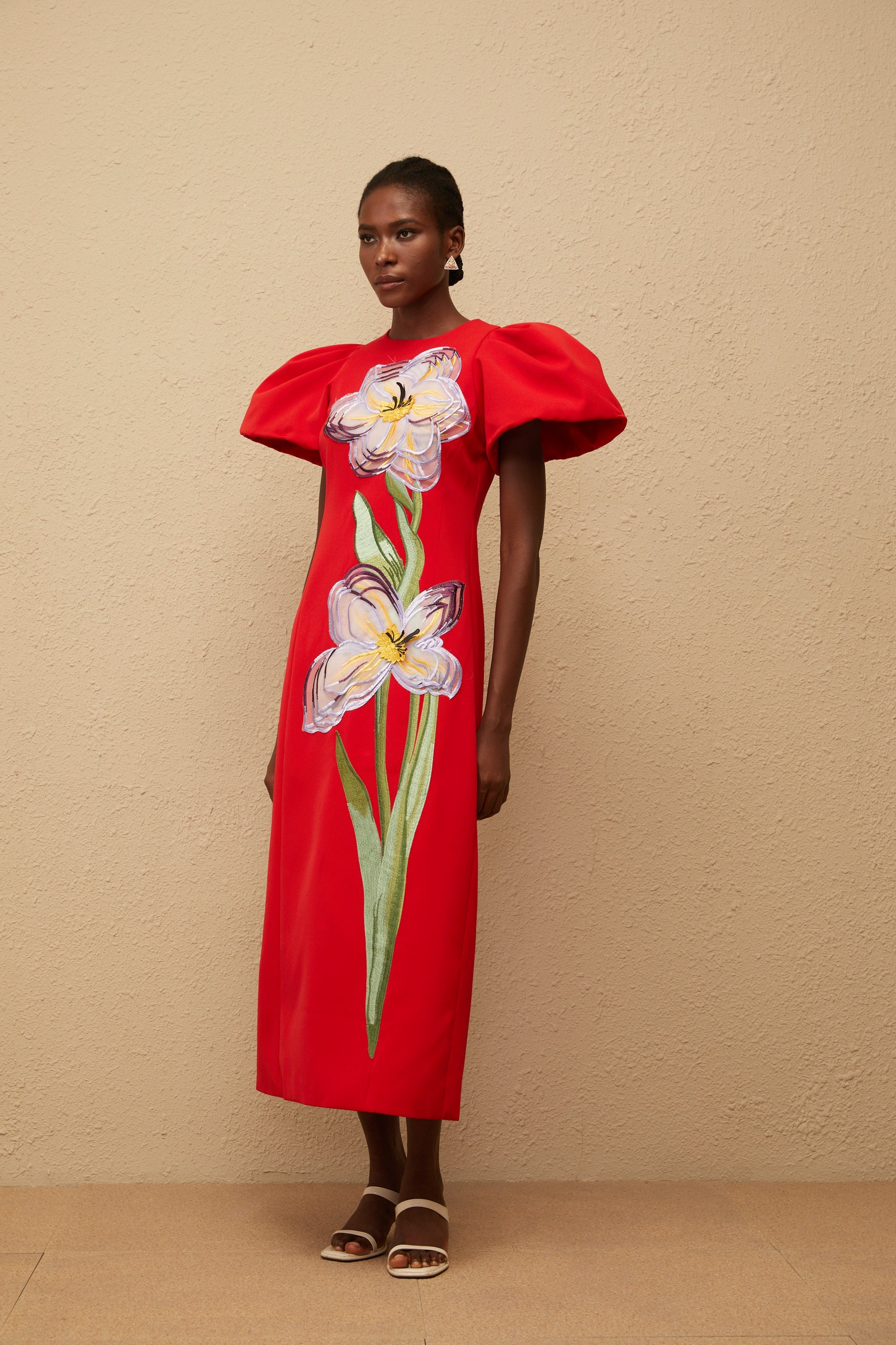 Irène Red Sequined Floral Embroidered Midi Dress (Final Sale-US Only)