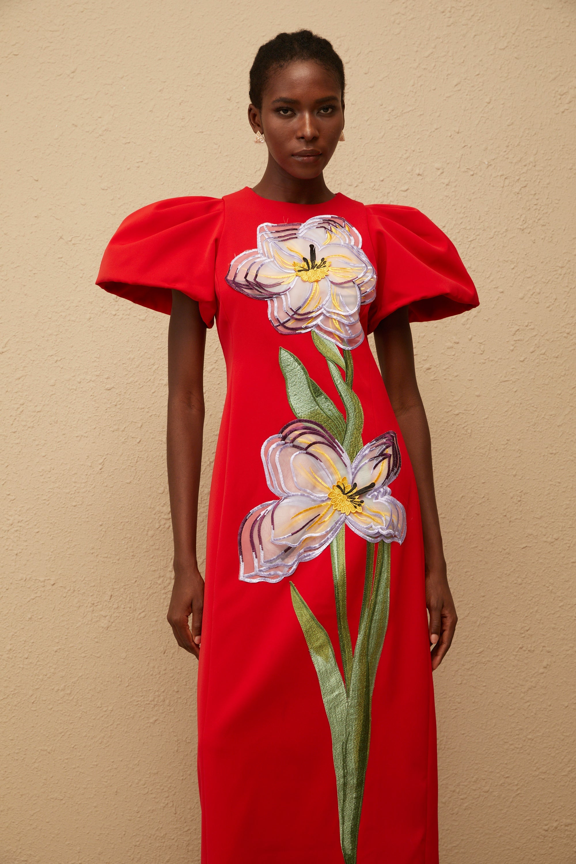 Irène Red Sequined Floral Embroidered Midi Dress (Final Sale-US Only)