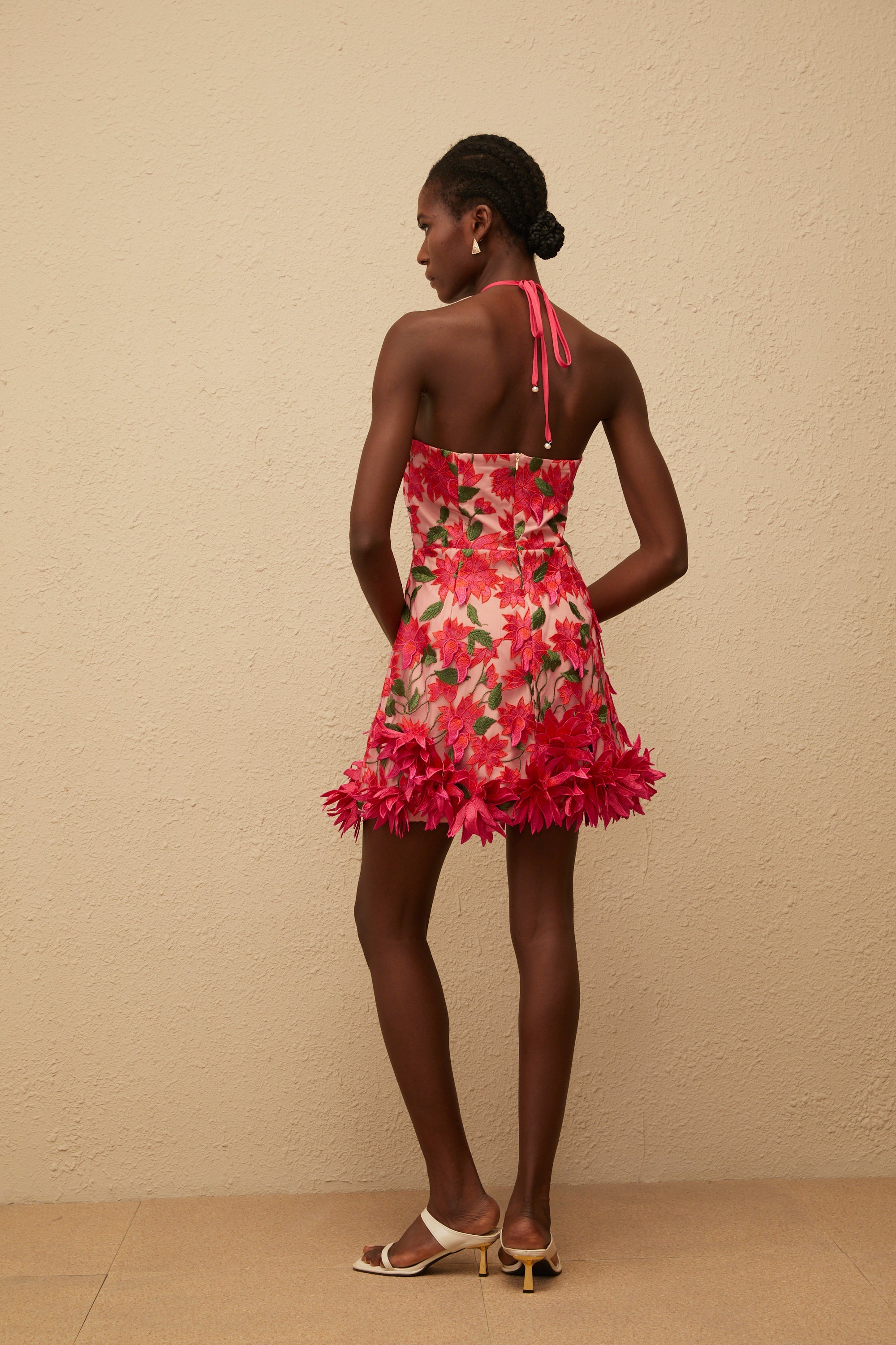 Doriane Red Halterneck Floral Embroidered Mini Dress