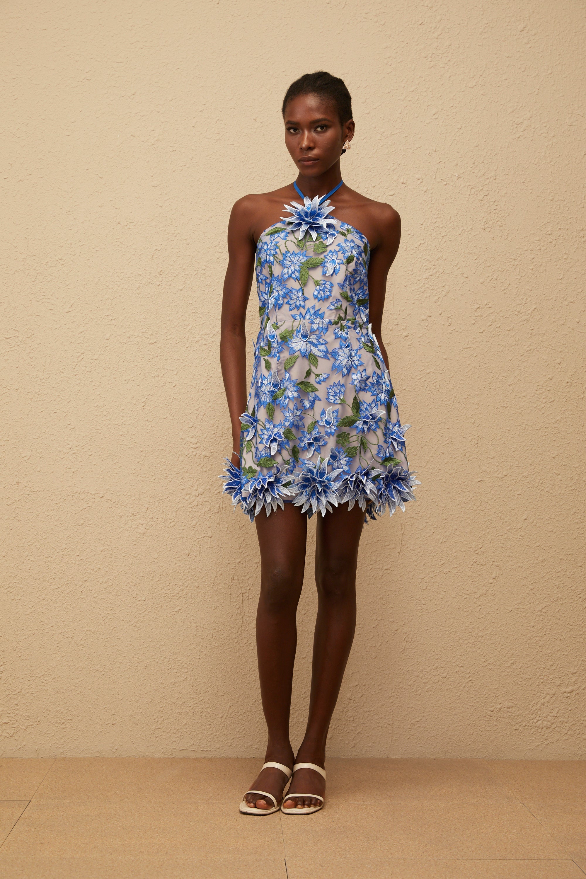 Doriane Blue Halterneck Floral Embroidered Mini Dress