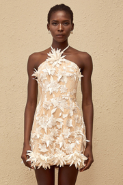 Doriane White Halterneck Floral Embroidered Mini Dress