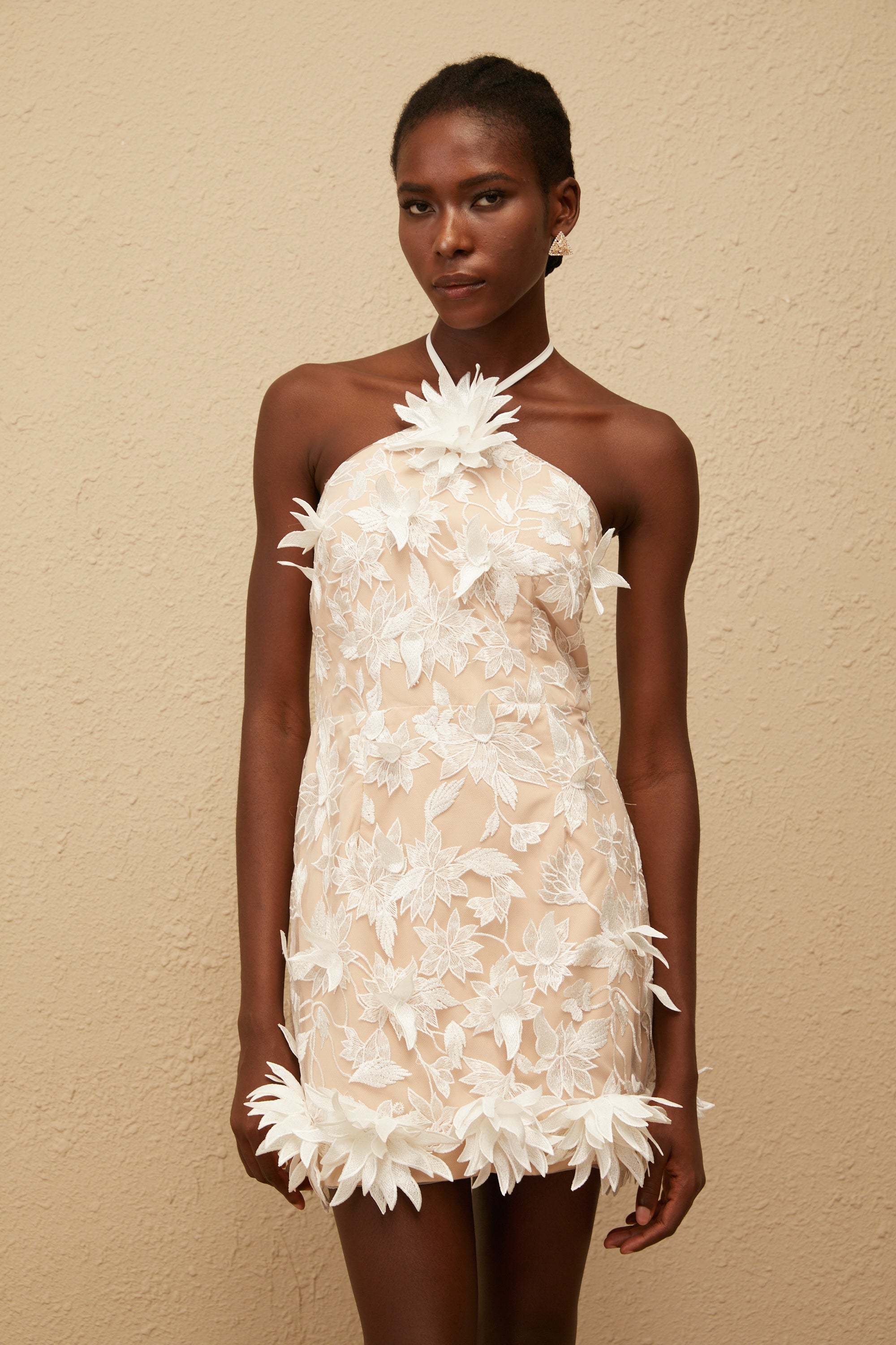 Doriane White Halterneck Floral Embroidered Mini Dress