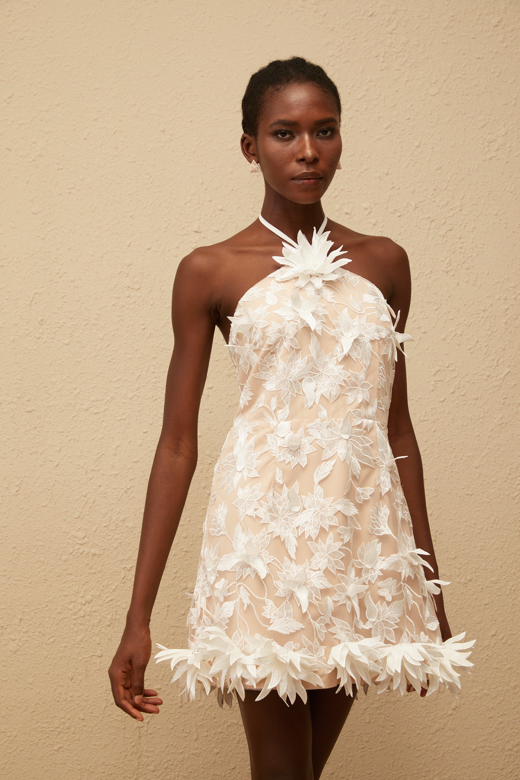 Doriane White Halterneck Floral Embroidered Mini Dress