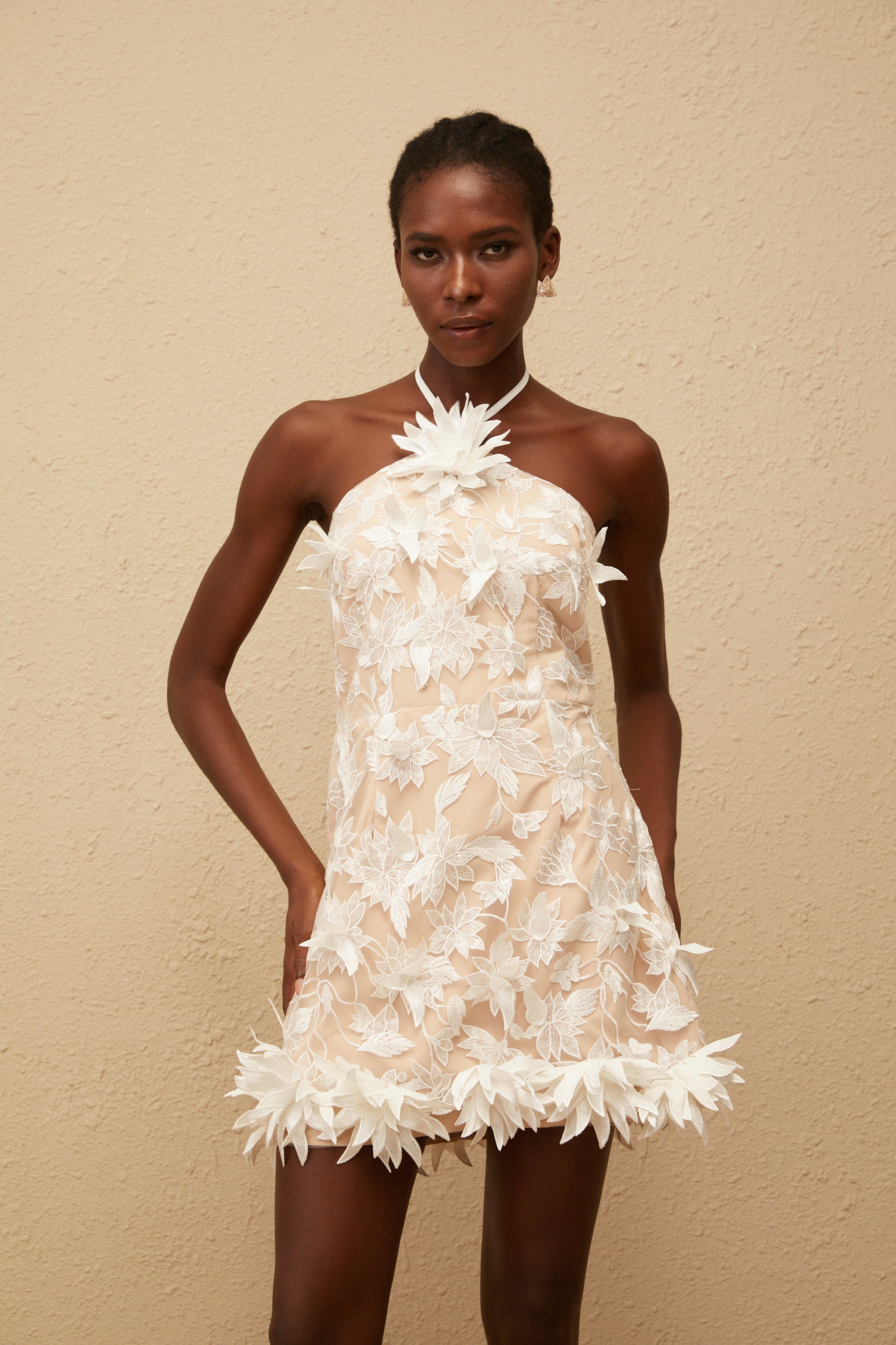 Doriane White Halterneck Floral Embroidered Mini Dress