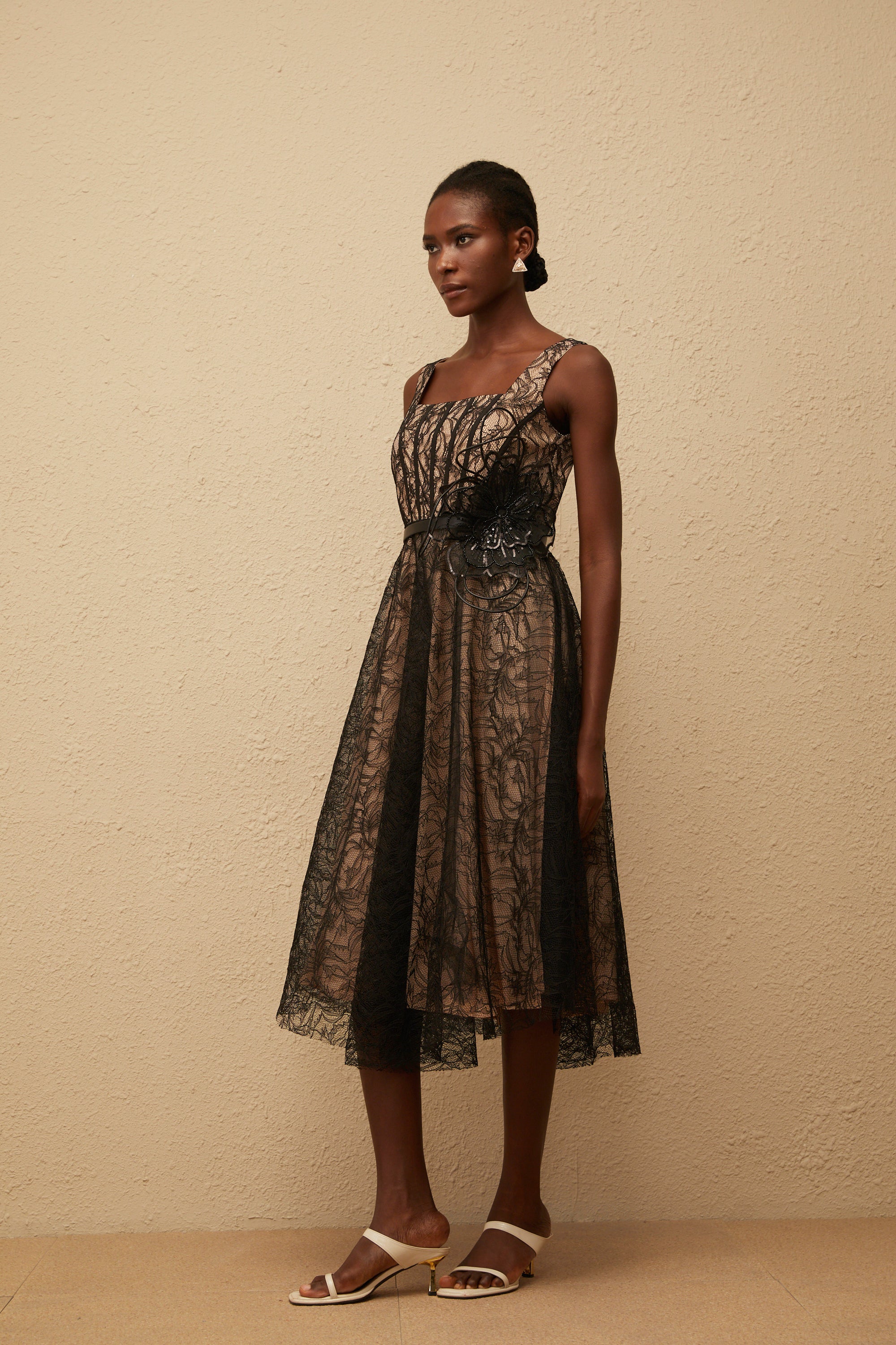 Sandrine Black Floral Lace Midi Dress (Final Sale-US Only)