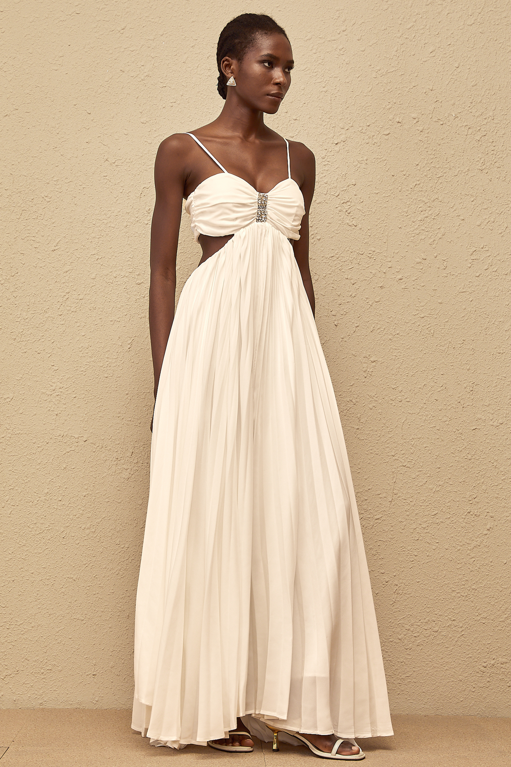 Bérénice White Cut Out Pleated Maxi Dress