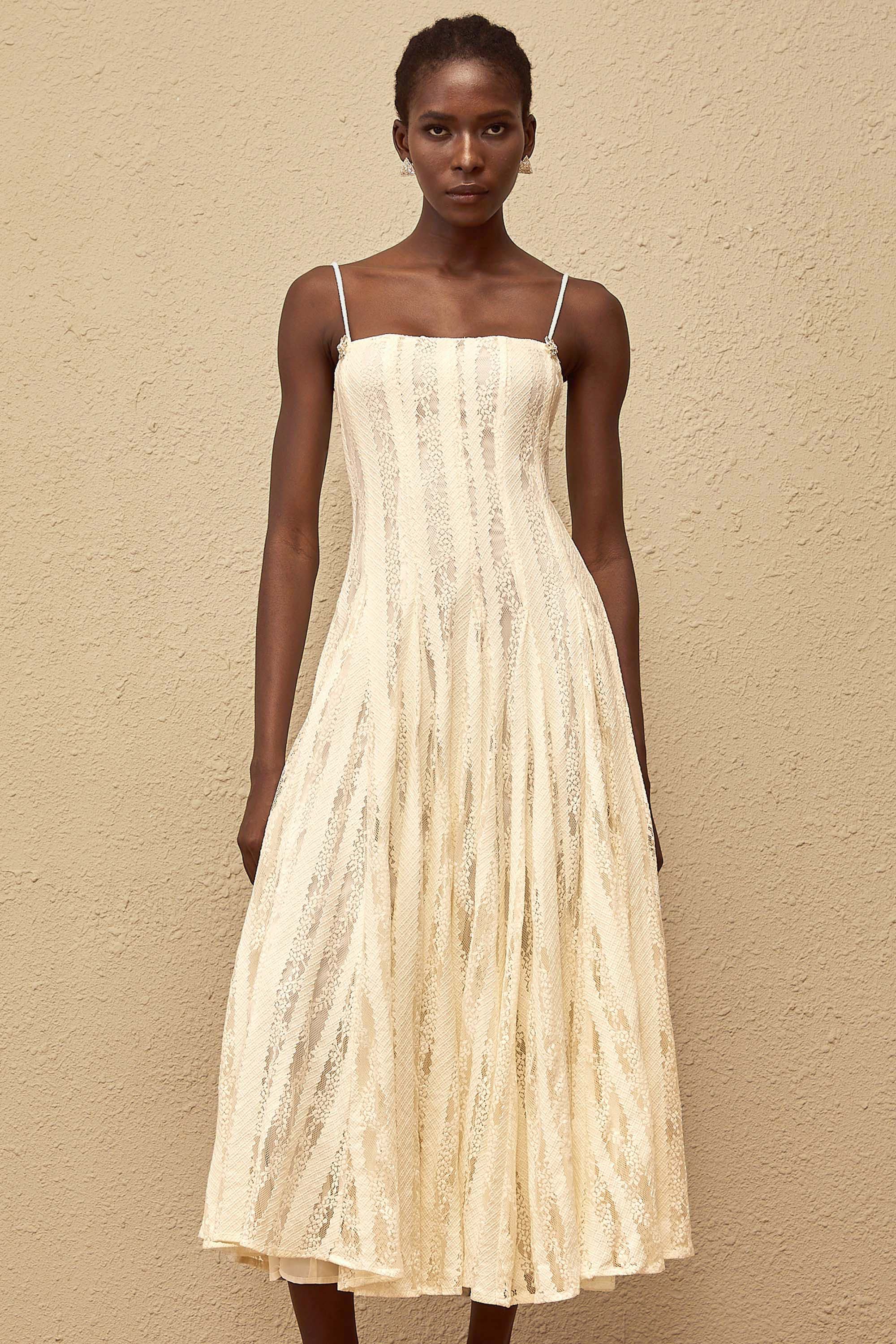 Coralie White Pleated Lace Midi Dress (Final Sale)