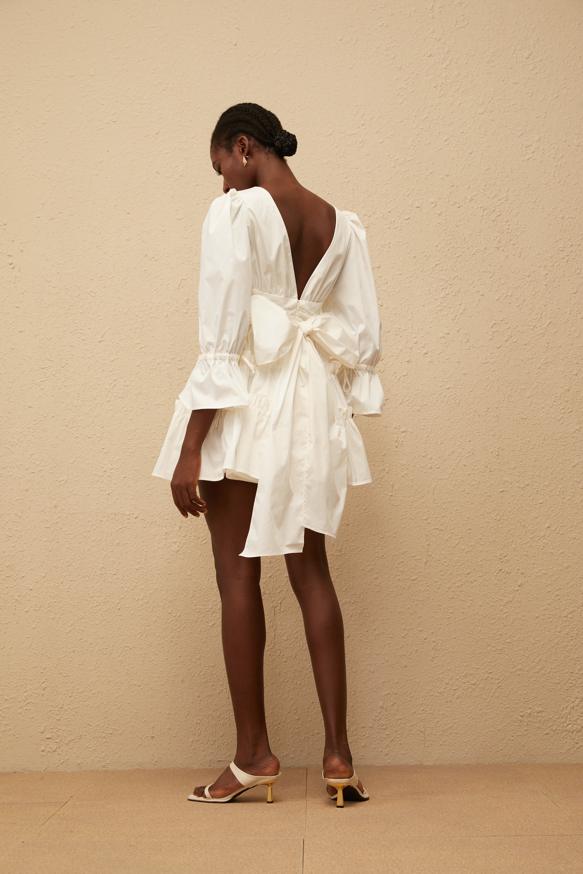 Jutta White Bowknot Shirred Mini Dress (Final Sale)