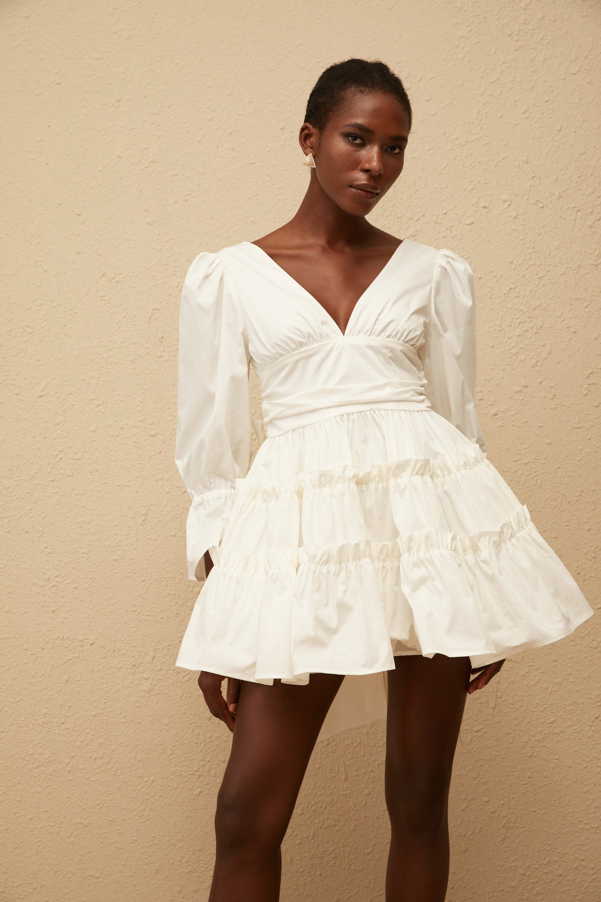 Jutta White Bowknot Shirred Mini Dress (Final Sale)