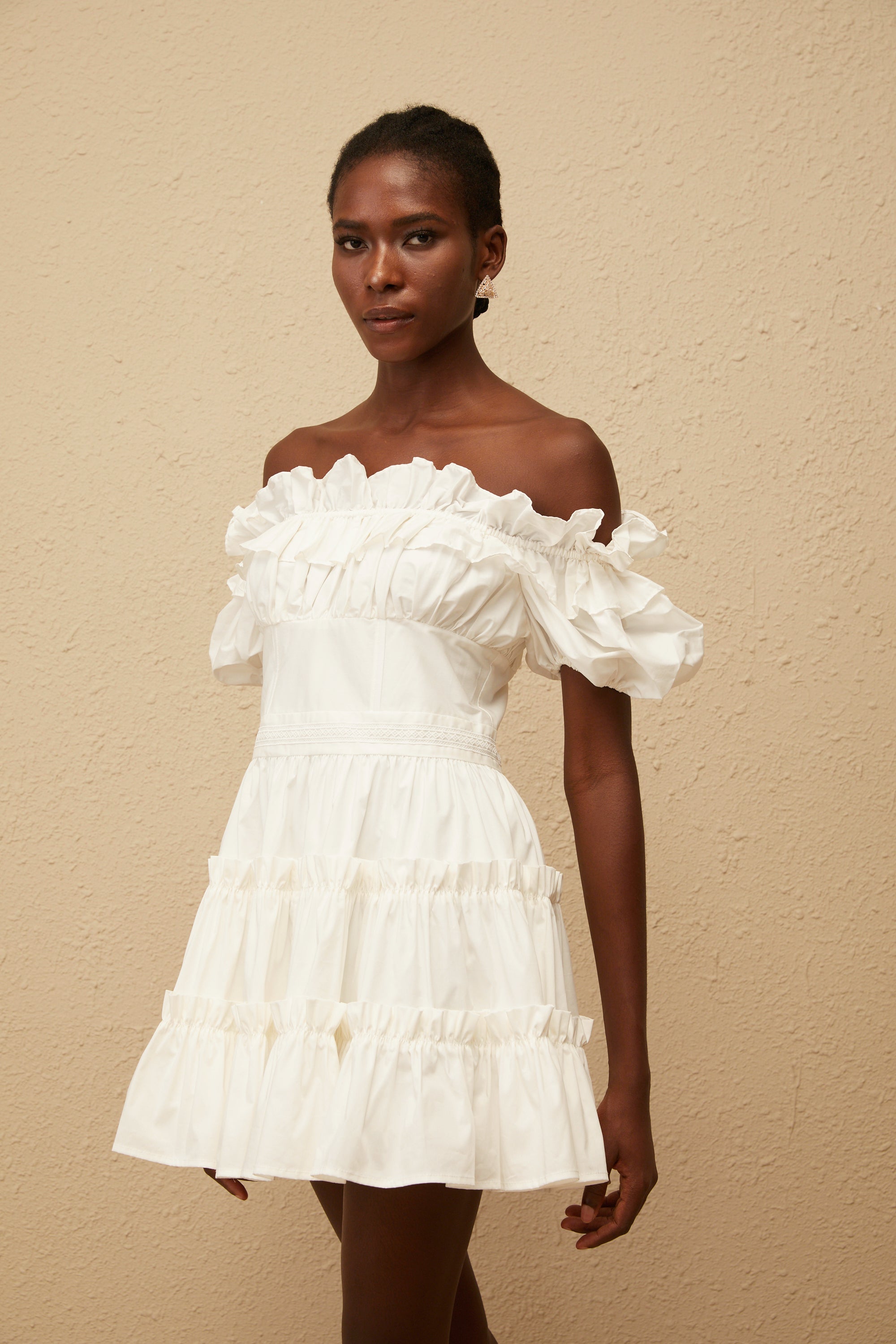 Irja White Off-Shoulder Shirred Mini Dress
