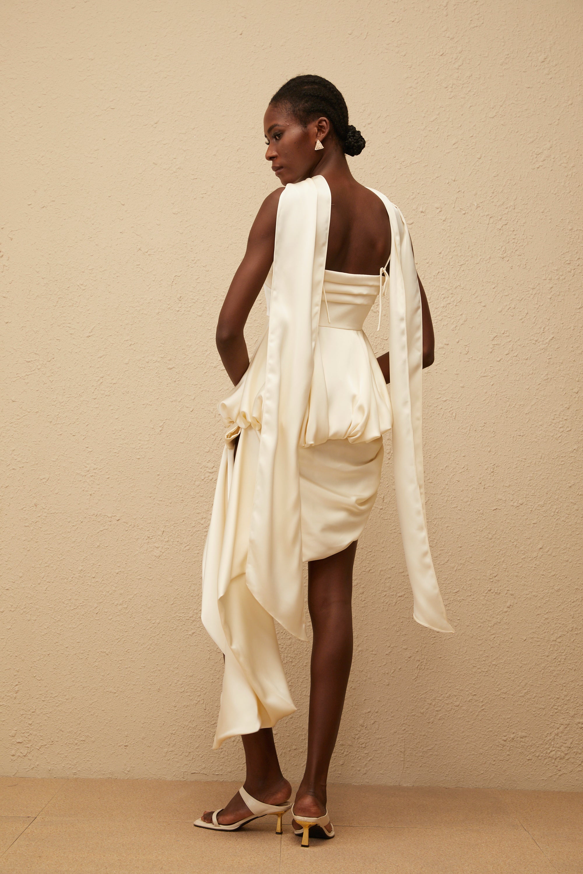 Opale Neutral Asymmetrical Satin Mini Dress