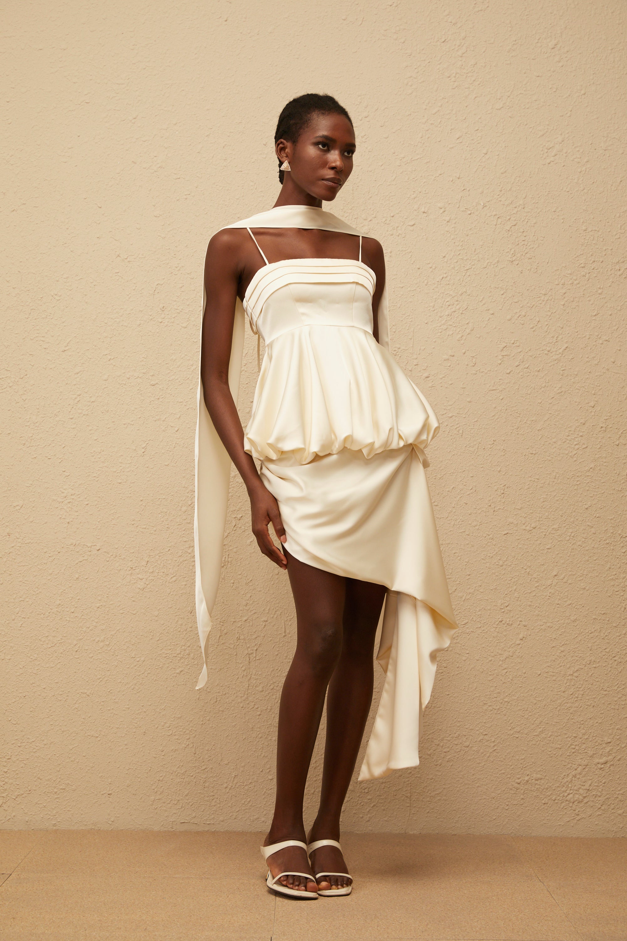 Opale Neutral Asymmetrical Satin Mini Dress