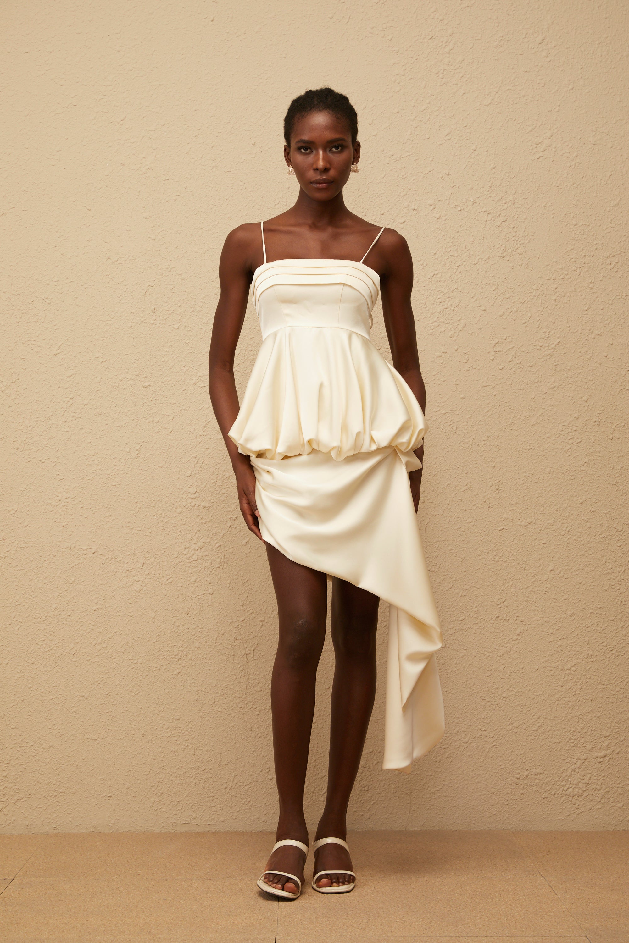Opale Neutral Asymmetrical Satin Mini Dress