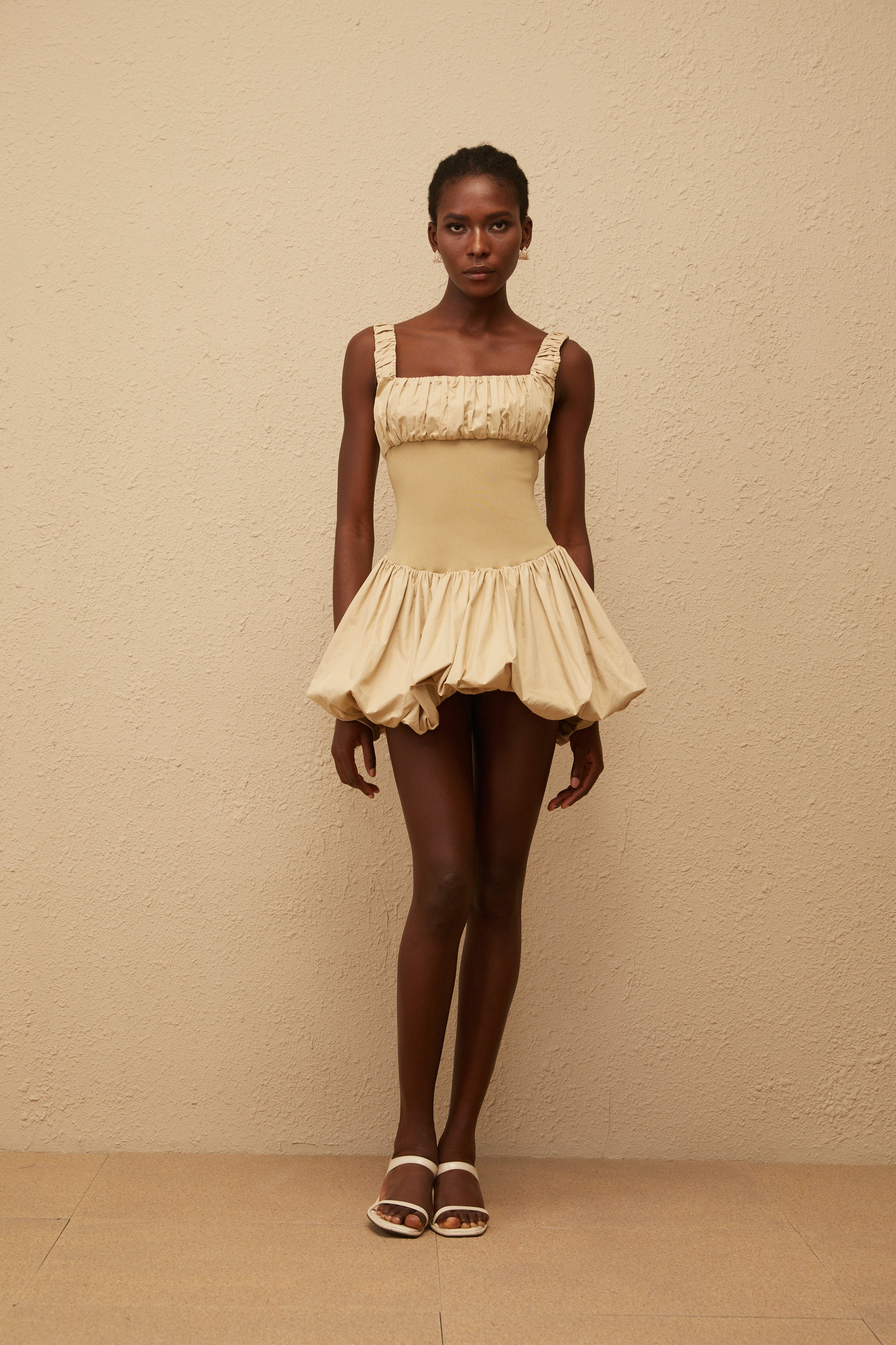 sandrine mini dress Sandrine Khaki Shirred Bubble Hem Mini Dress (Final Sale-US Only)