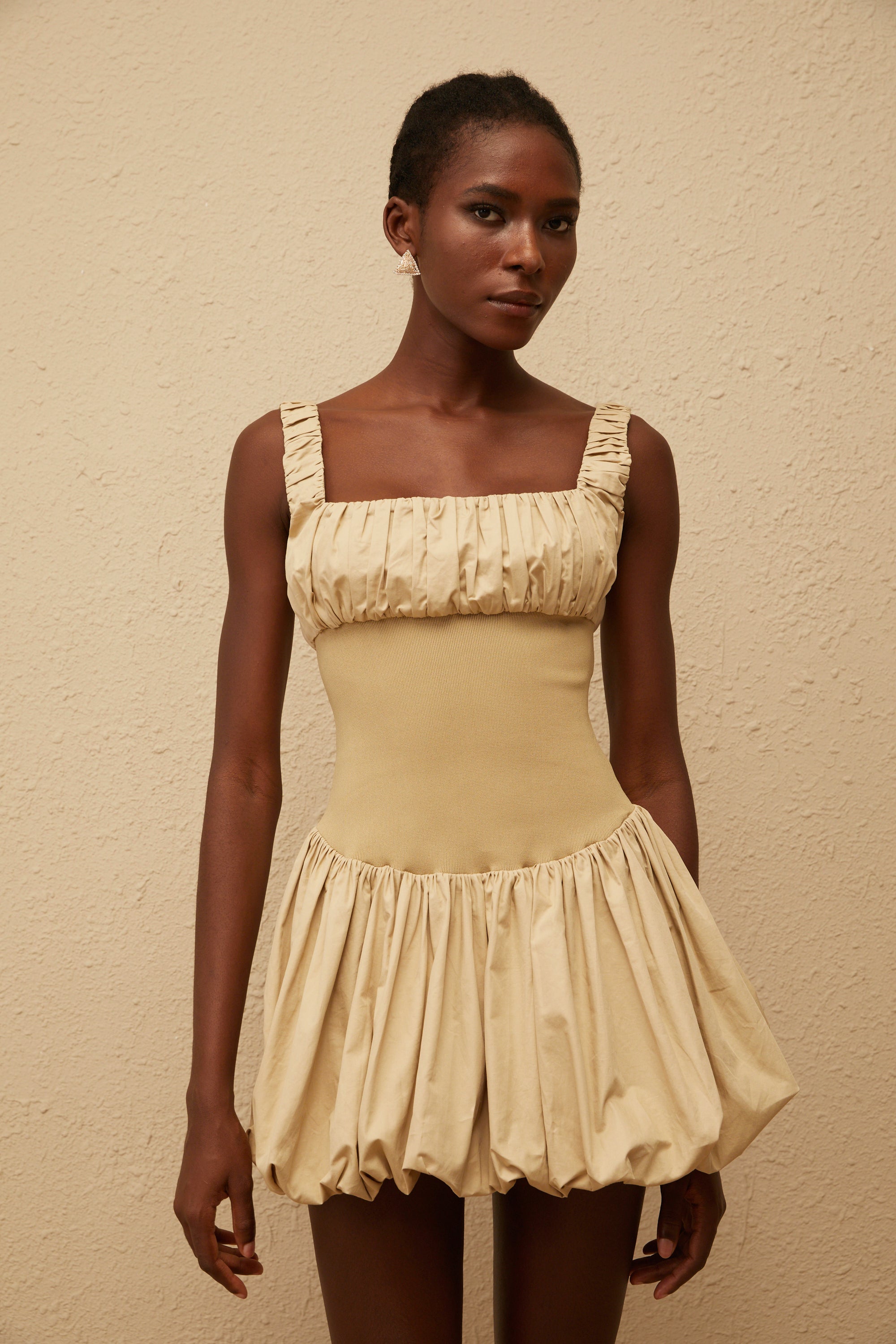 Sandrine Khaki Shirred Bubble Hem Mini Dress (Final Sale-US Only)