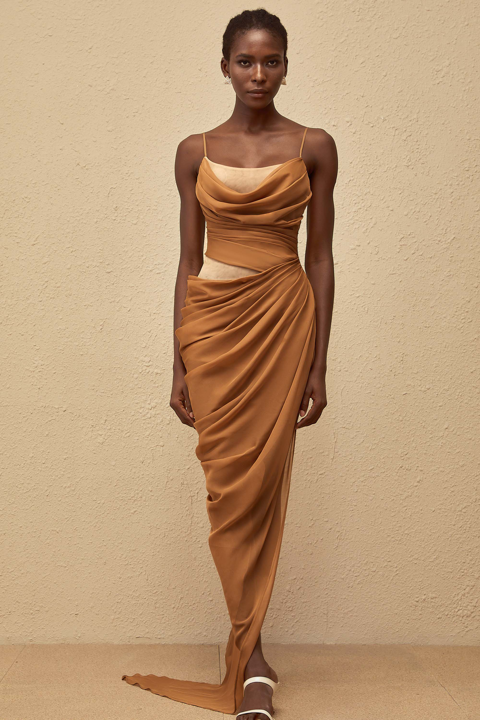Charisa Khaki Draped Chiffon Maxi Dress