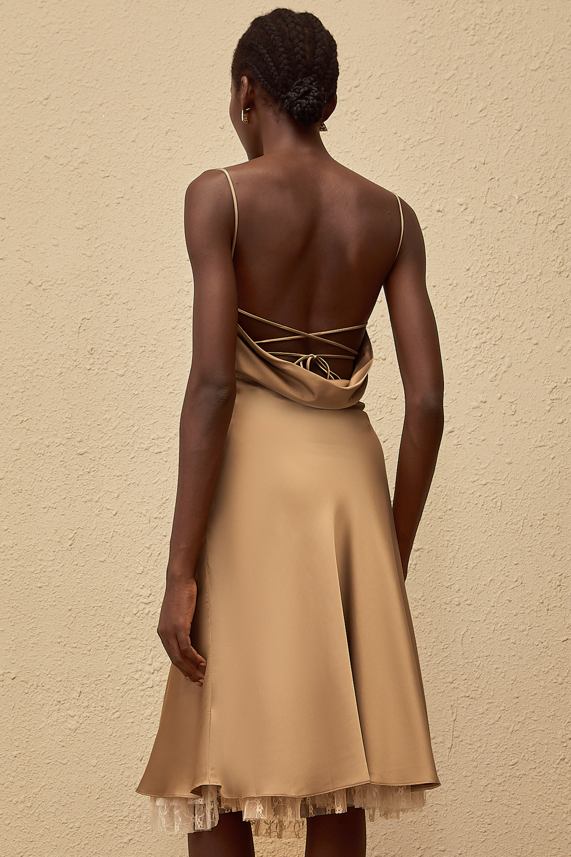 Ananias Khaki Lace Panel Satin Midi Dress (Final Sale)