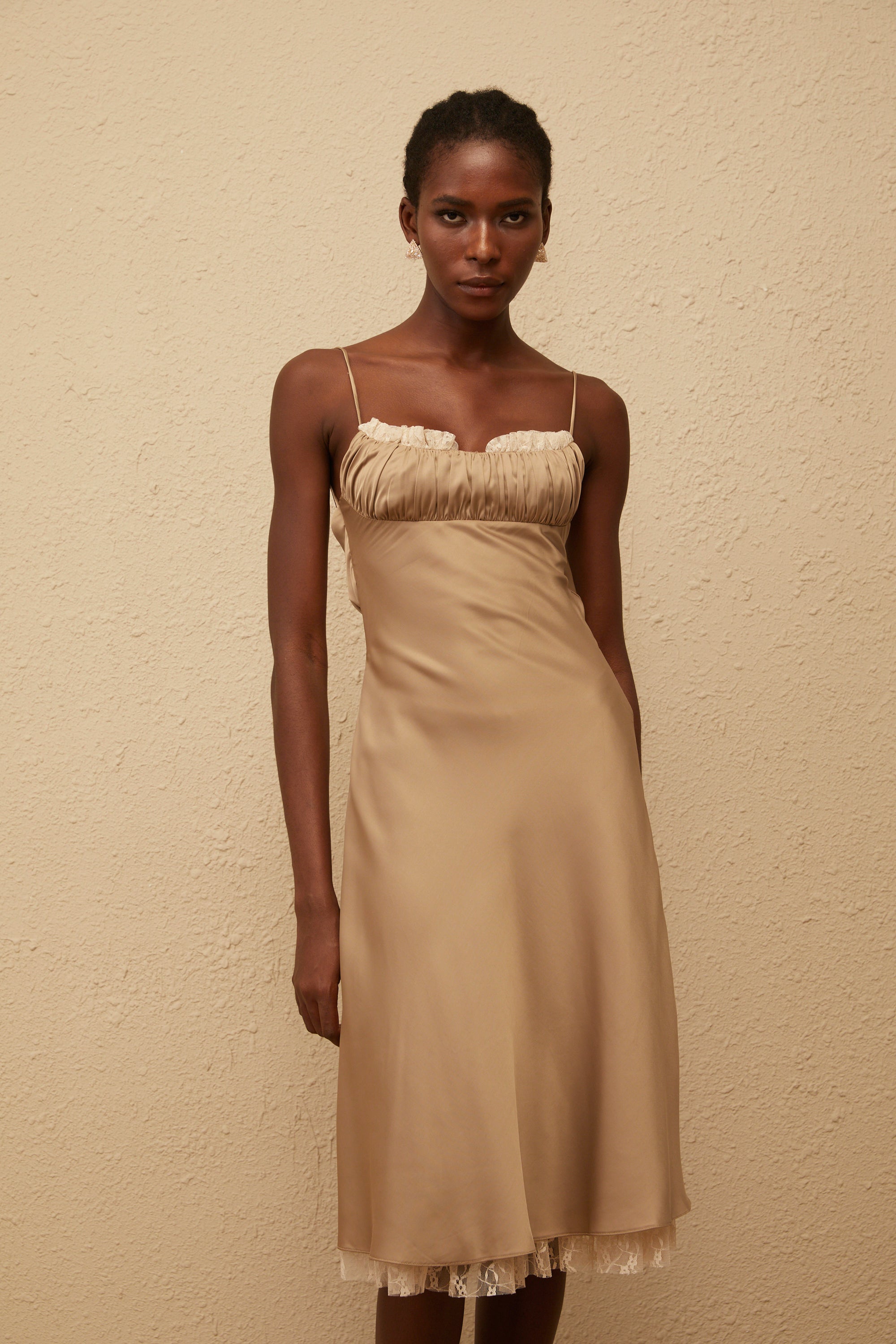 Ananias Khaki Lace Panel Satin Midi Dress (Final Sale)