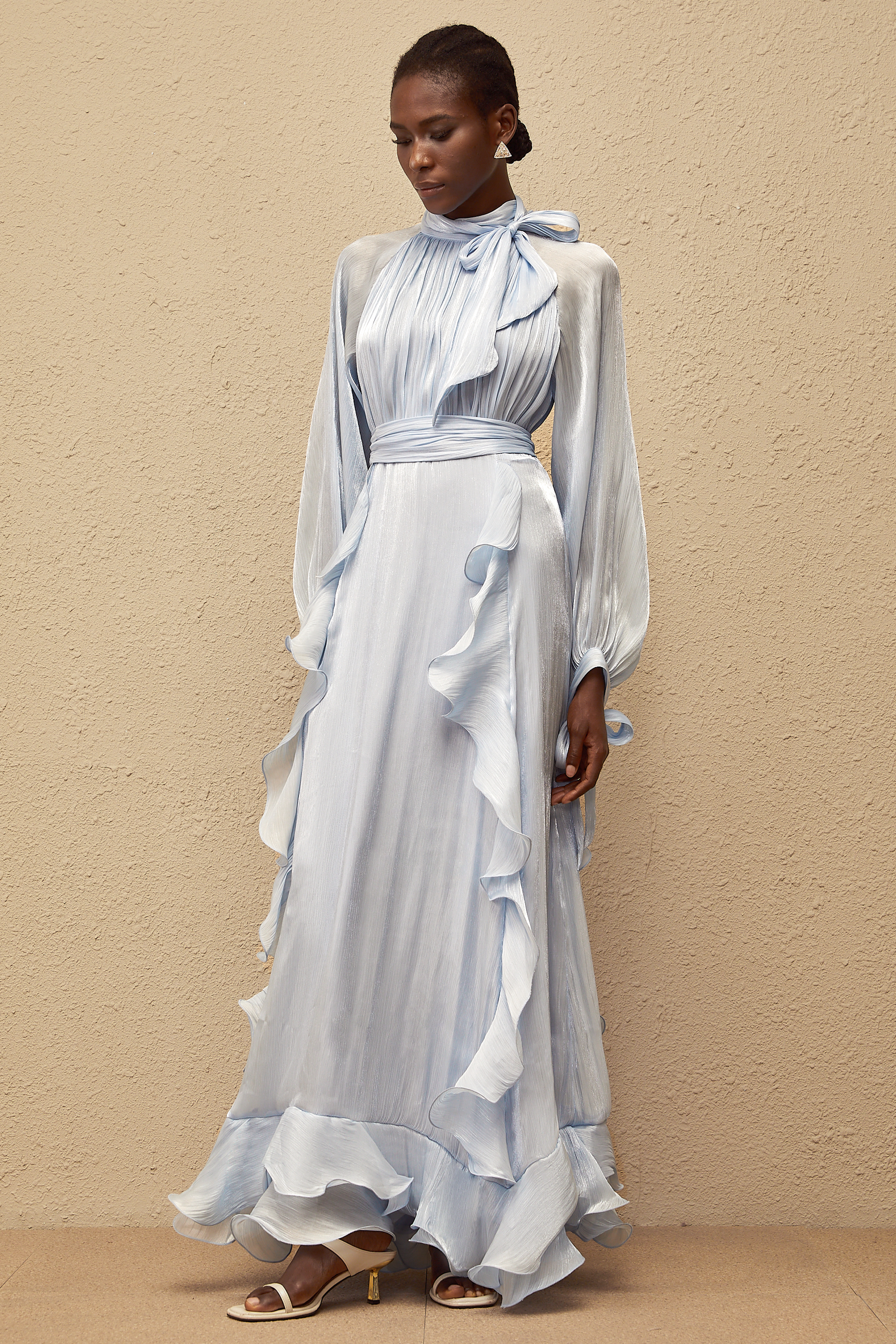 Nanette Blue Glossy Pleated Maxi Dress (Final Sale-US Only)