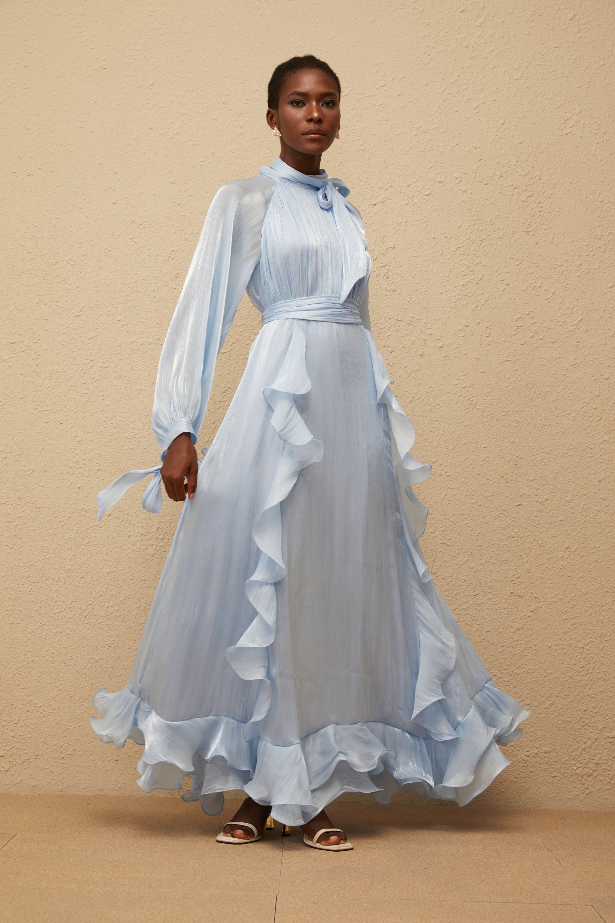 Nanette Blue Glossy Pleated Maxi Dress (Final Sale-US Only)