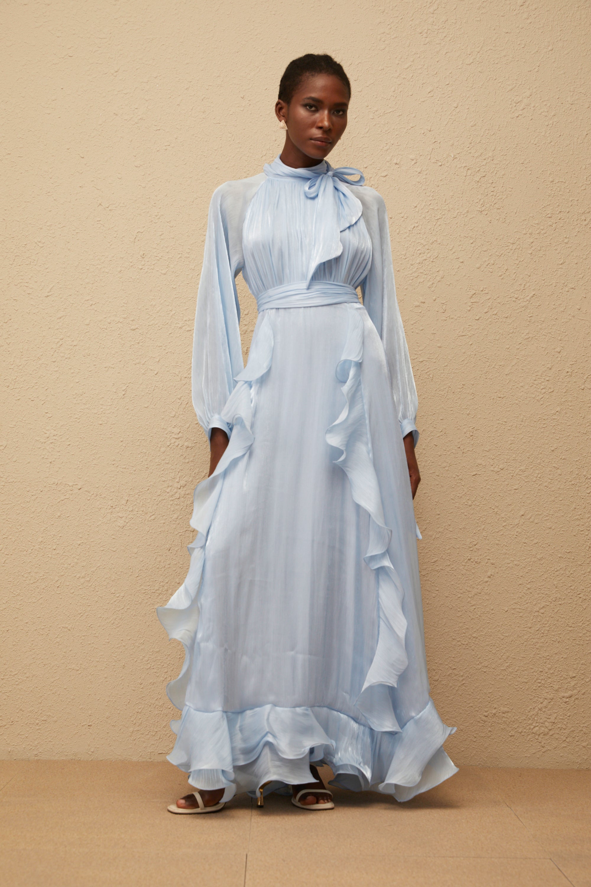 Nanette Blue Glossy Pleated Maxi Dress (Final Sale-US Only)