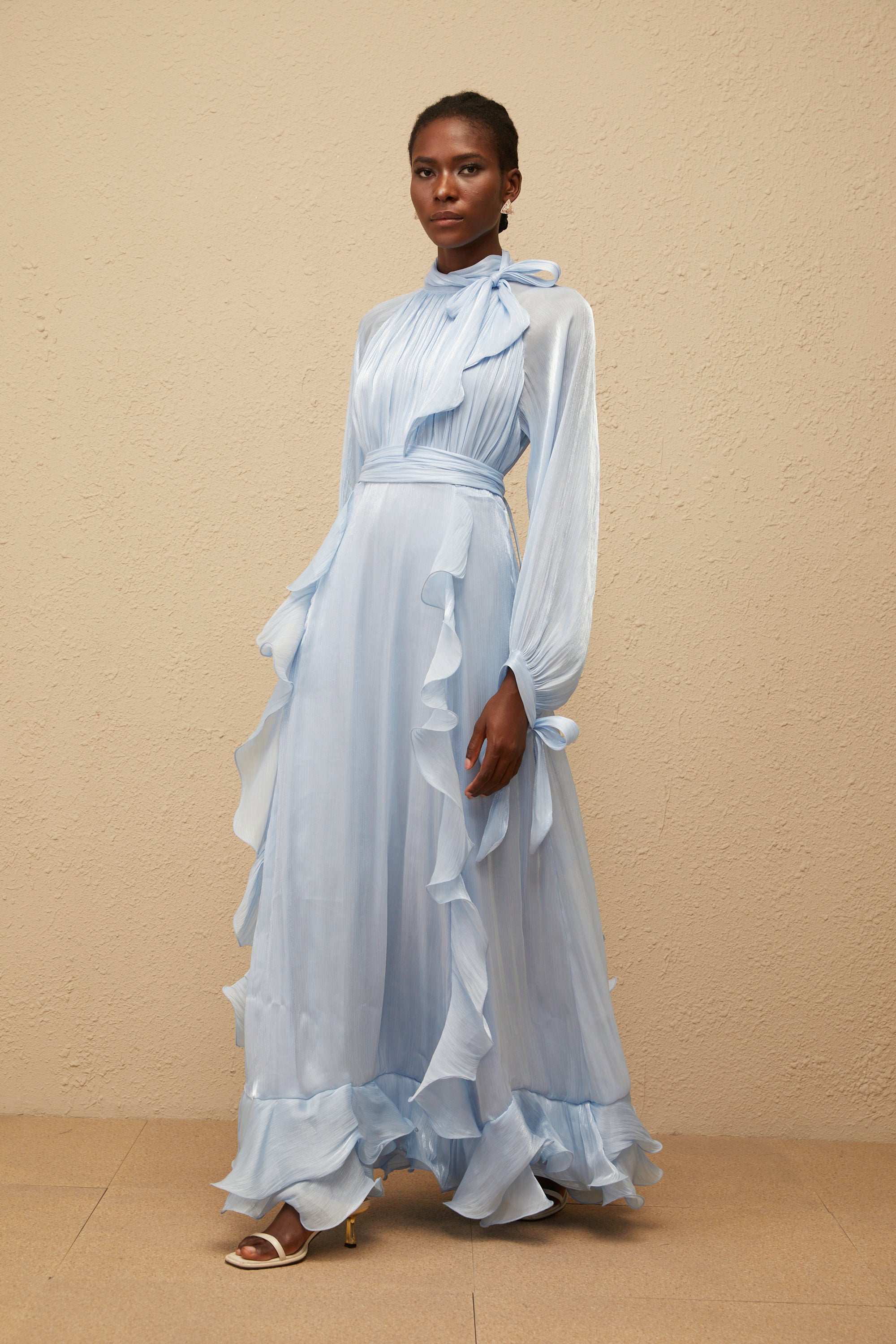Nanette Blue Glossy Pleated Maxi Dress (Final Sale-US Only)